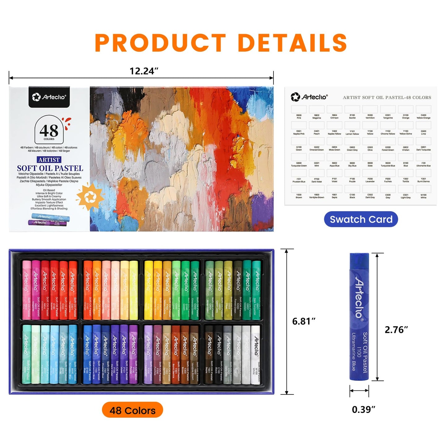 Artecho Extra Soft Oil Pastels Set – 48 Colors Artist Grade Drawing Crayons for Blending, Layering & Shading – Large 10mm Diameter Pastel Sticks for Professional Painting Art Supplies