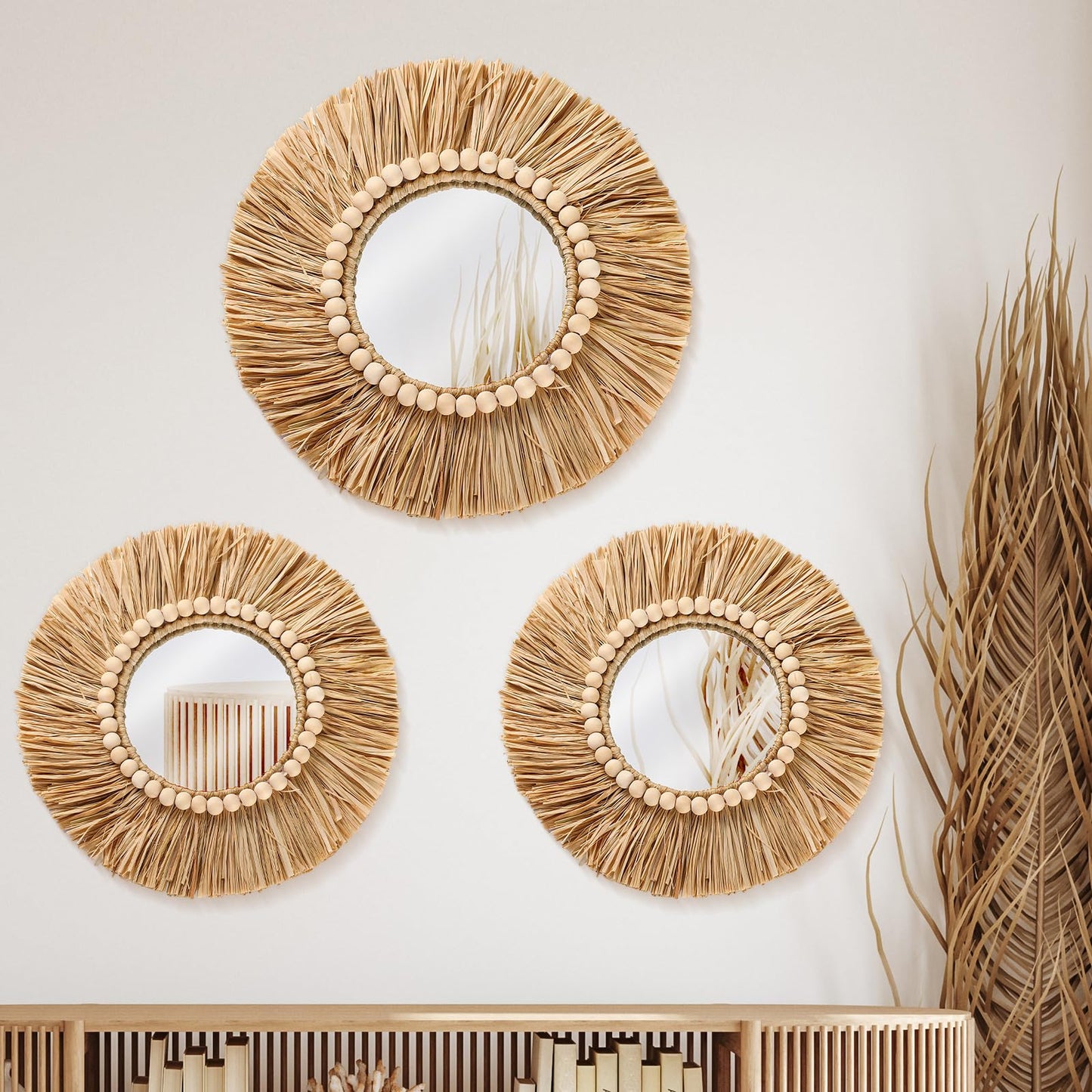 Gulfmew 3 Pcs Boho Raffia Mirror Wall Hanging Decor 15.8 Inch 11.8 Inch Rustic Round Boho Circle Mirrors with Wood Bead Farmhouse Aesthetic Nursery Mirrors for Bedroom Living Room Bathroom Wall Decor