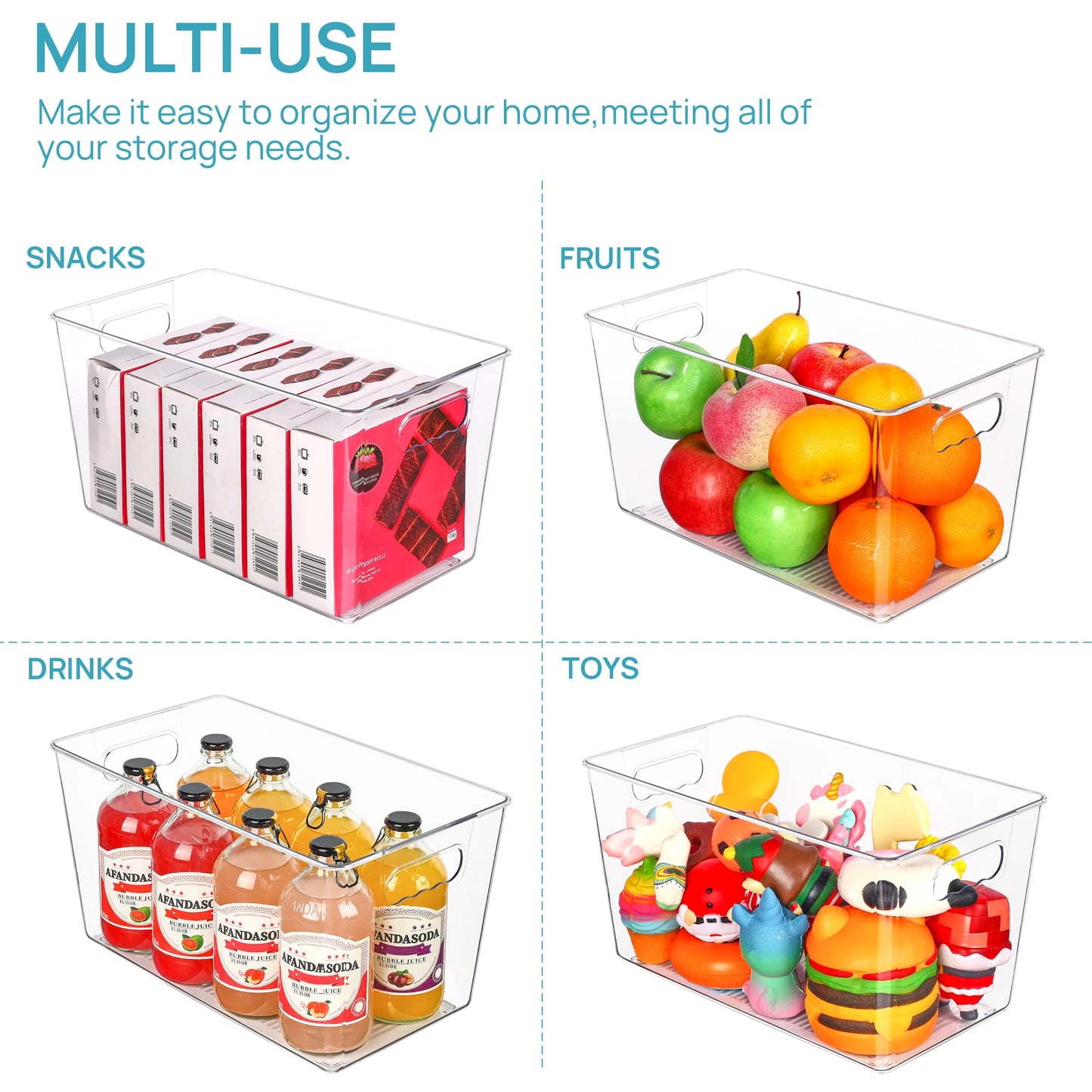 Vtopmart 6 PCS Clear Plastic Storage Bins, Pantry Organizer Containers with Handle for Refrigerator, Fridge, Cabinet, Kitchen, Countertops, Cupboard, Home Organization and Storage, XL