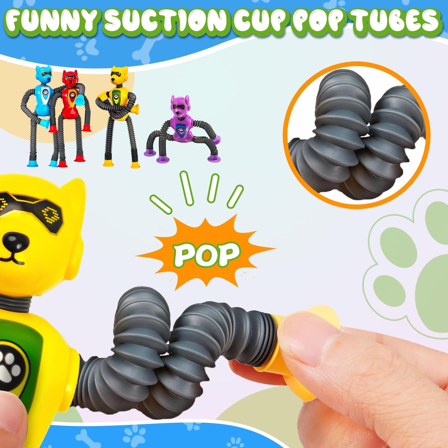 Easter Basket Stuffers for Classroom Boys Robot Dog Sensory Pop Tube for Toddler Kid 4PC Travel Toys Airplane Car Toy Activities Autistic Road Trip Suction Tube for Boy 3 - 8 ADHD Autism Valentine Day