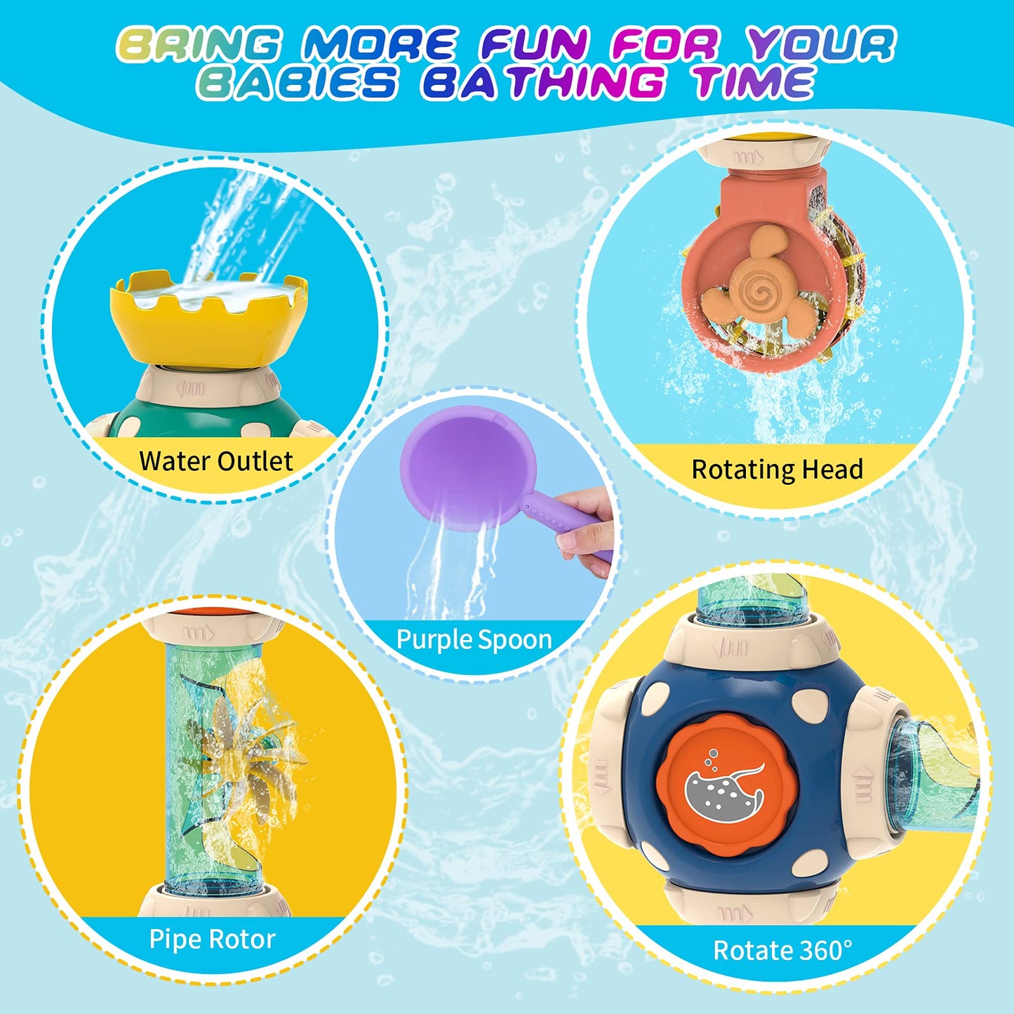 ZWYOIUG Bath Toys, STEM Baby Bathtub Toy with DIY Pipe Tubes, Cubes,Spoon, Lovely Cute Bathroom Time Spray Waterfall Shower Toy, Suitable for Toddlers Boys Girls 3 Years and up