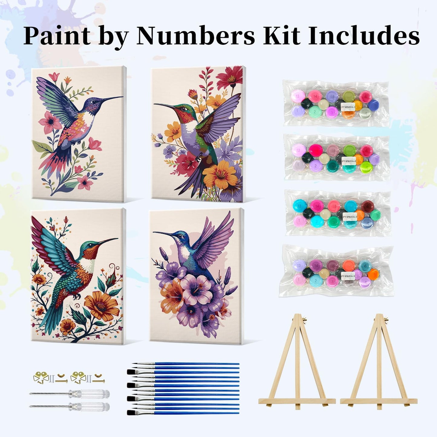 JOOZ 4 Pack Paint by Numbers Kit for Adults Framed, Hummingbird Paint by Numbers with Easel, DIY Flower Framed Adult Paint by Number Kits on Canvas, Oil Painting Kit for Home Decor 8x12 Inch