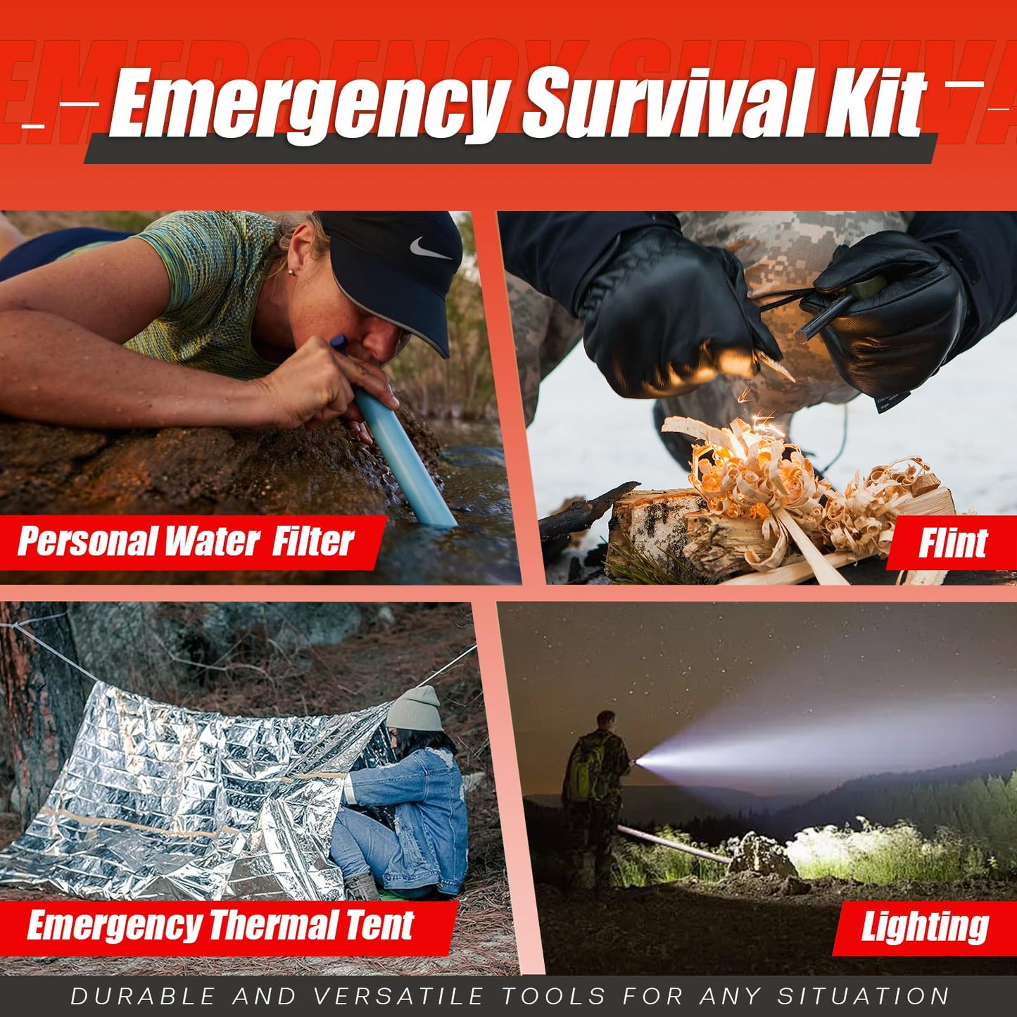 Gemmac 218pcs First Aid Kit Emergency Survival Kit, First Aid Bag with Compass Raincoat Emergency Blanket Torch Medical Kits, Survival Bag for Hunting Camping Essentials Hiking Gear Outdoor Adventure