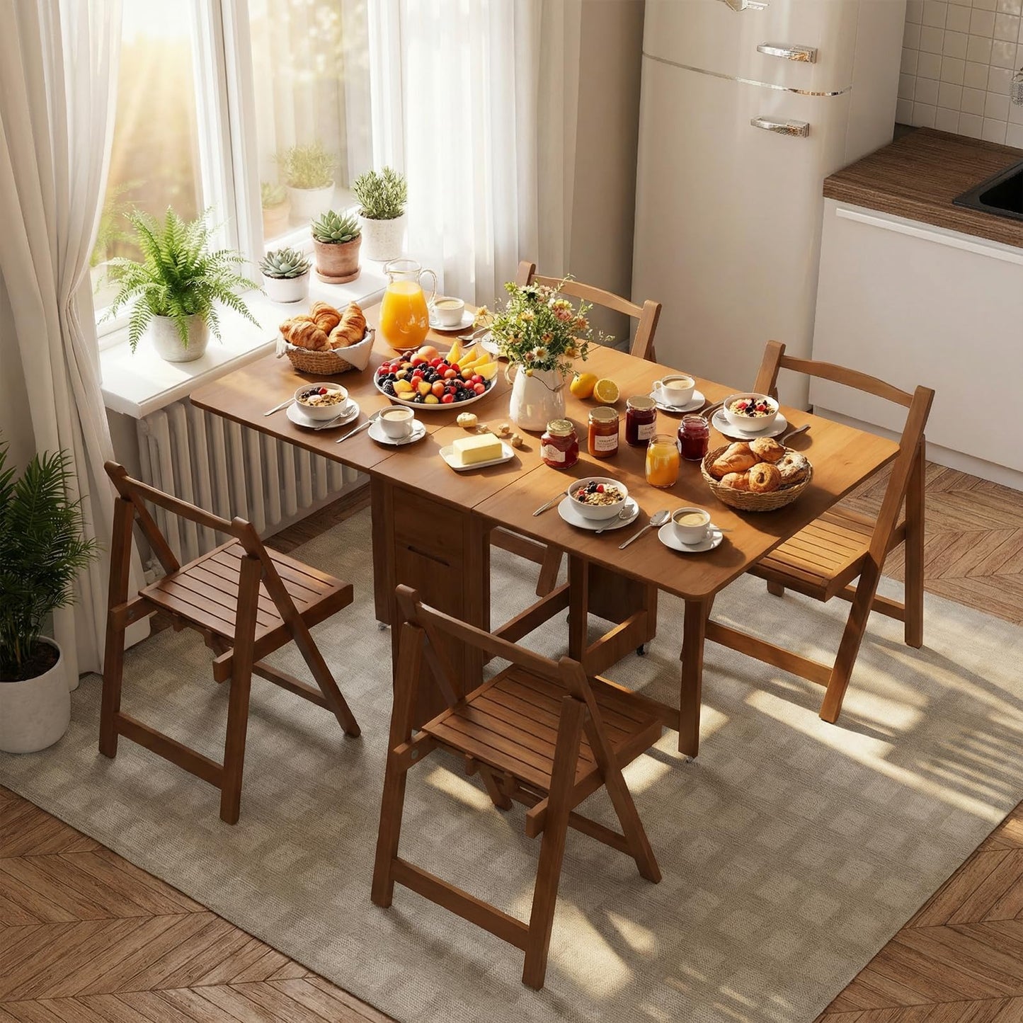 Folding Dining Table Set with 4 Chairs, Drop Leaf Foldable Table on Wheels, Collapsible Dinette Table with Hidden Chair Storage, Space Saving Folding Dinner Table Set for Small Apartments