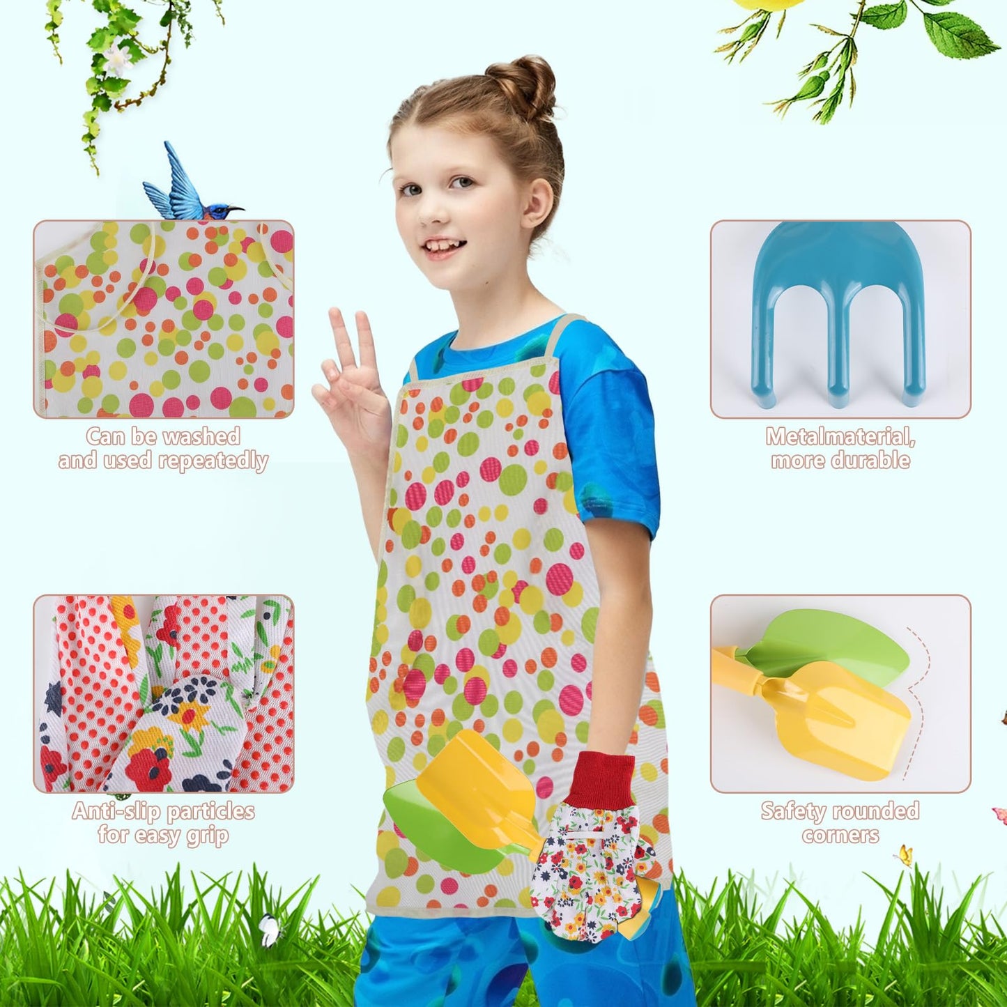 GIFTRRTOY Kids Gardening Set, Kids Gardening Tools with Watering Can, Shovel, Rake, Gloves, Waterproof Apron and Storage Bag, Children Garden Tool for Boys Girls Age 3 4 5 6 7 8