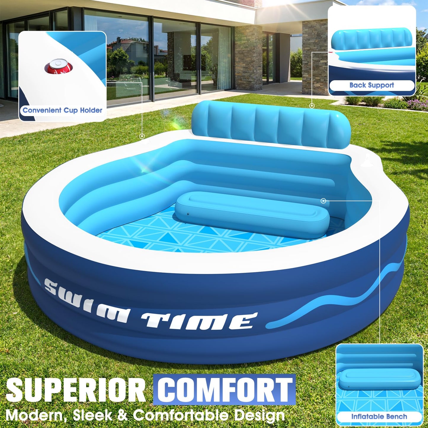 AixPool Inflatable Pool with Seats and Headrest,Oversized Thickened Large Blow Up Pool for Audlt,Inflatable Backyard Pools for Adult,Durable Swim Center Inflatable Family Lounge Pool 90"×90"×20"-White