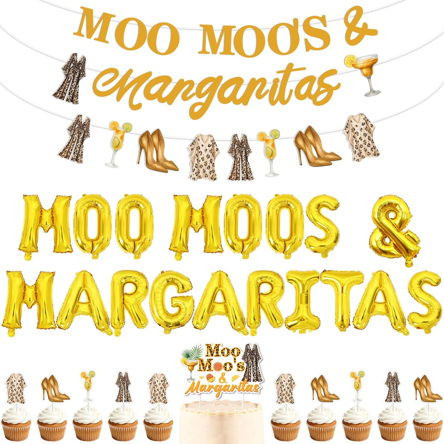 Moo Moos and Margaritas Decorations Gold Moo Moos & Margaritas Foil Balloon Banner Margarita Theme Cake and Cupcake Toppers Kit for Bachelorette Party Ladies Night Bridal Shower Birthday