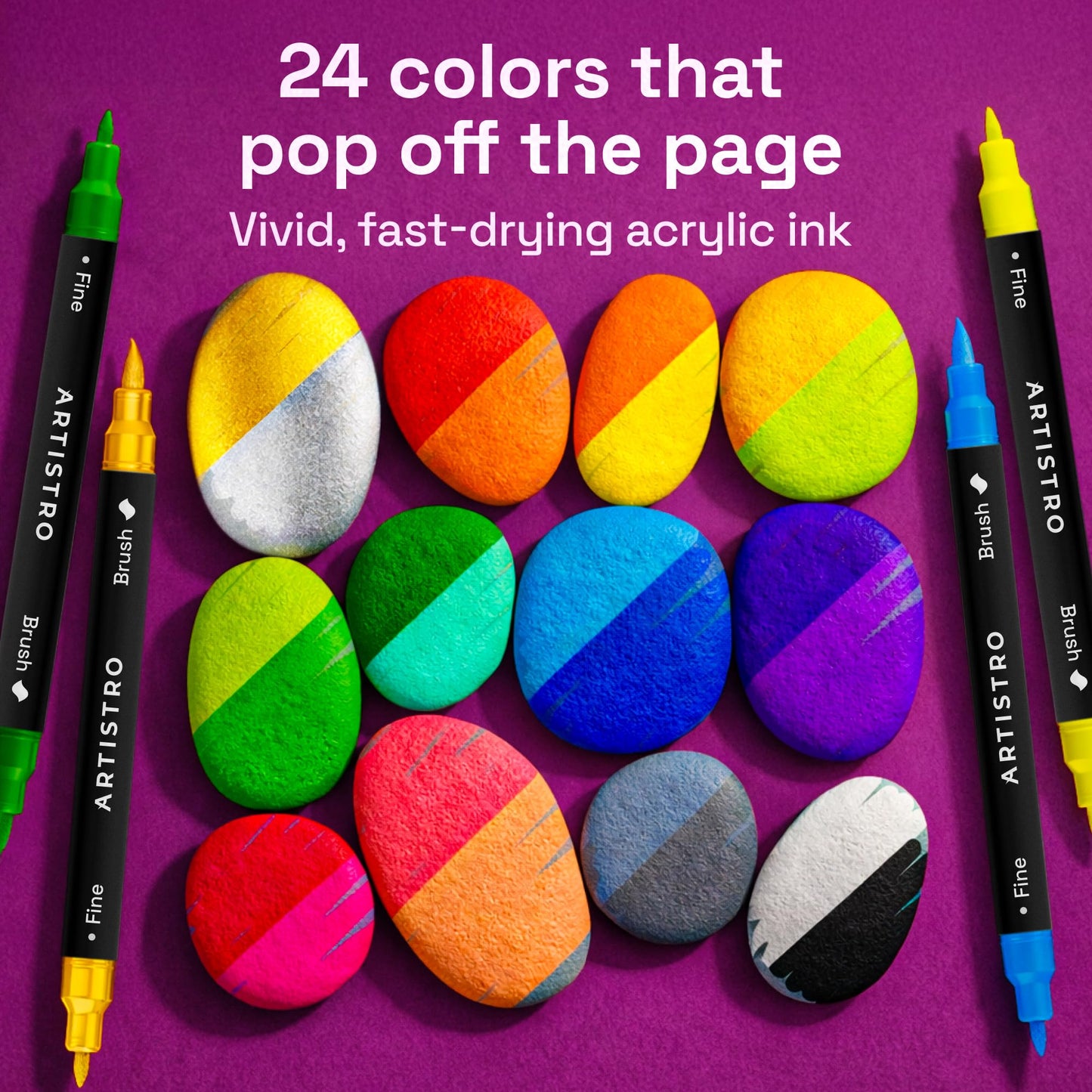 ARTISTRO 24 Rock Acrylic Paint Markers - Rock Painting Kit for Kids and Adults - Art & Craft Supplies - Paint Pens for River, Flat and Smooth Stones - Paint for Ceramic, Mugs and Pottery
