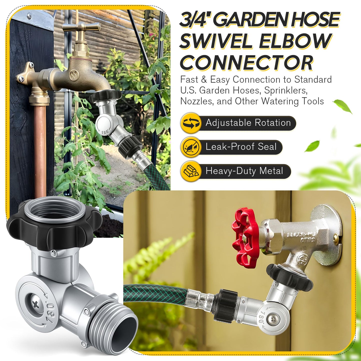 Enhon 180° & 360° Garden Hose Swivel Connector, Garden Hose Connect and Spigot Extender for Outdoor Faucet, Fits Standard 3/4" Water Pipes(Metal & Plastic,Silver,4 Pack)