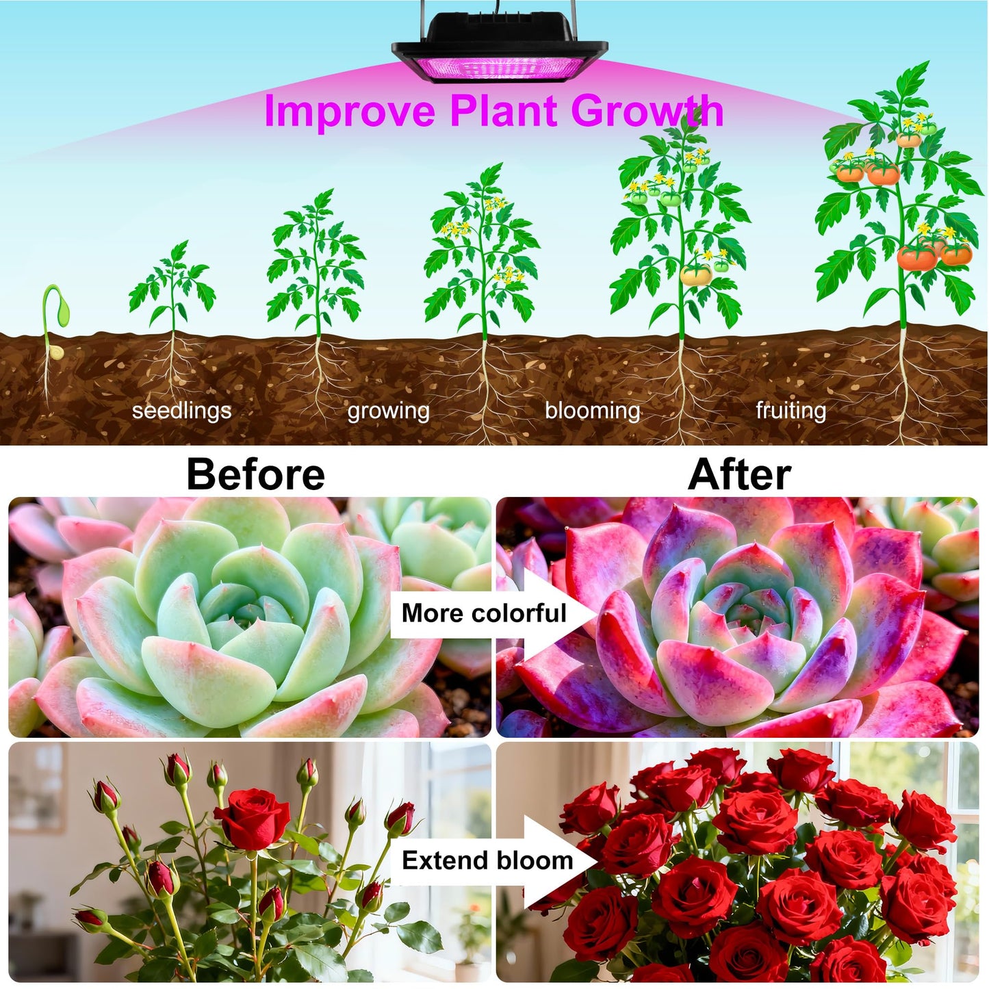 Loscarol Solar Grow Lights, Rechargeable Grow Light, Full Spectrum Plant Light for Indoor Outdoor Plants with Timer, Solar Plant Lights for Greenhouse with Remote Control and 16.4ft Cord/USB Charging