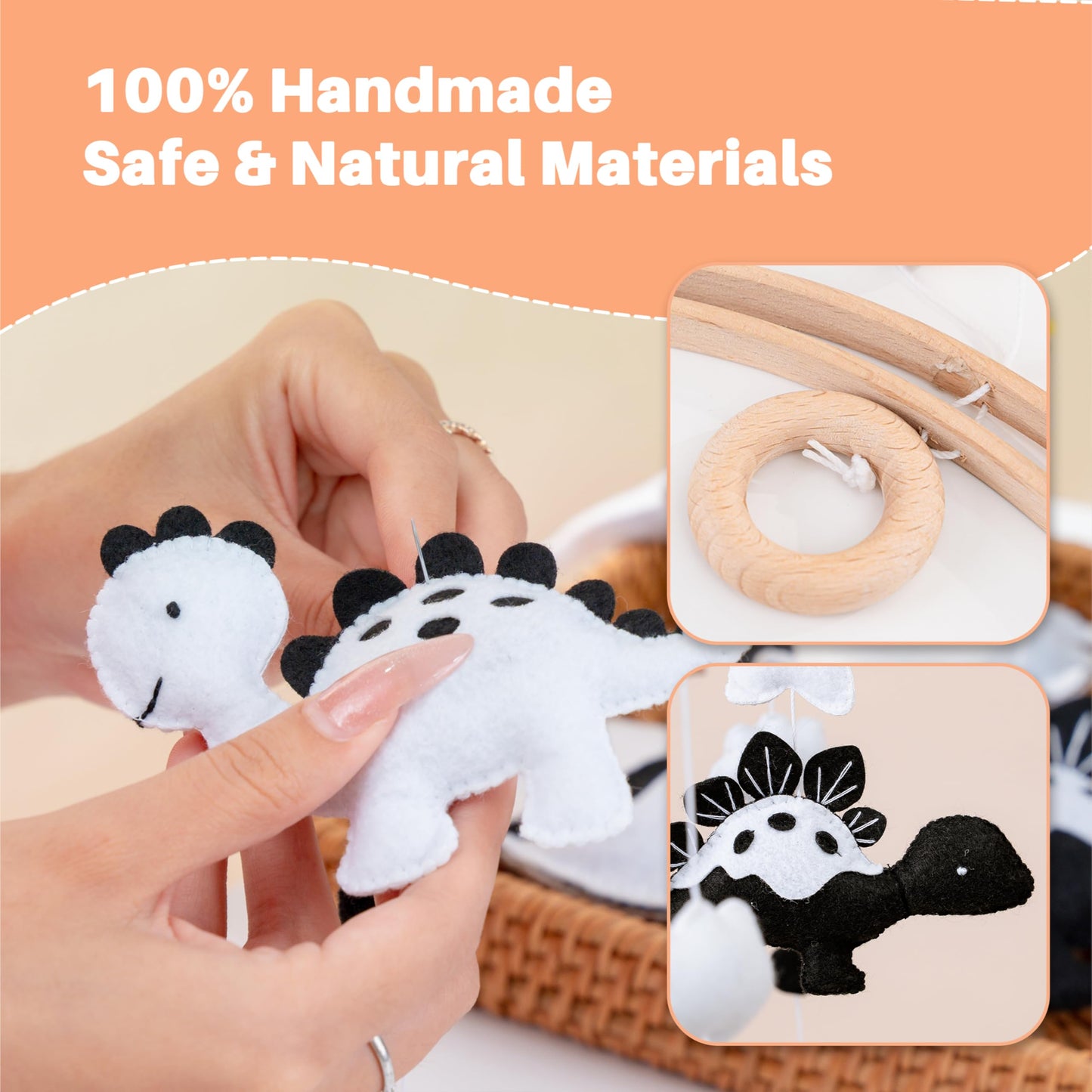 Dinosaur Crib Mobile – High-Contrast Black & White Nursery Decor for Newborn Baby Room, Handmade for Boy & Girl, Natural Wood & Fabric, Plastic-Free, Ready-to-Gift