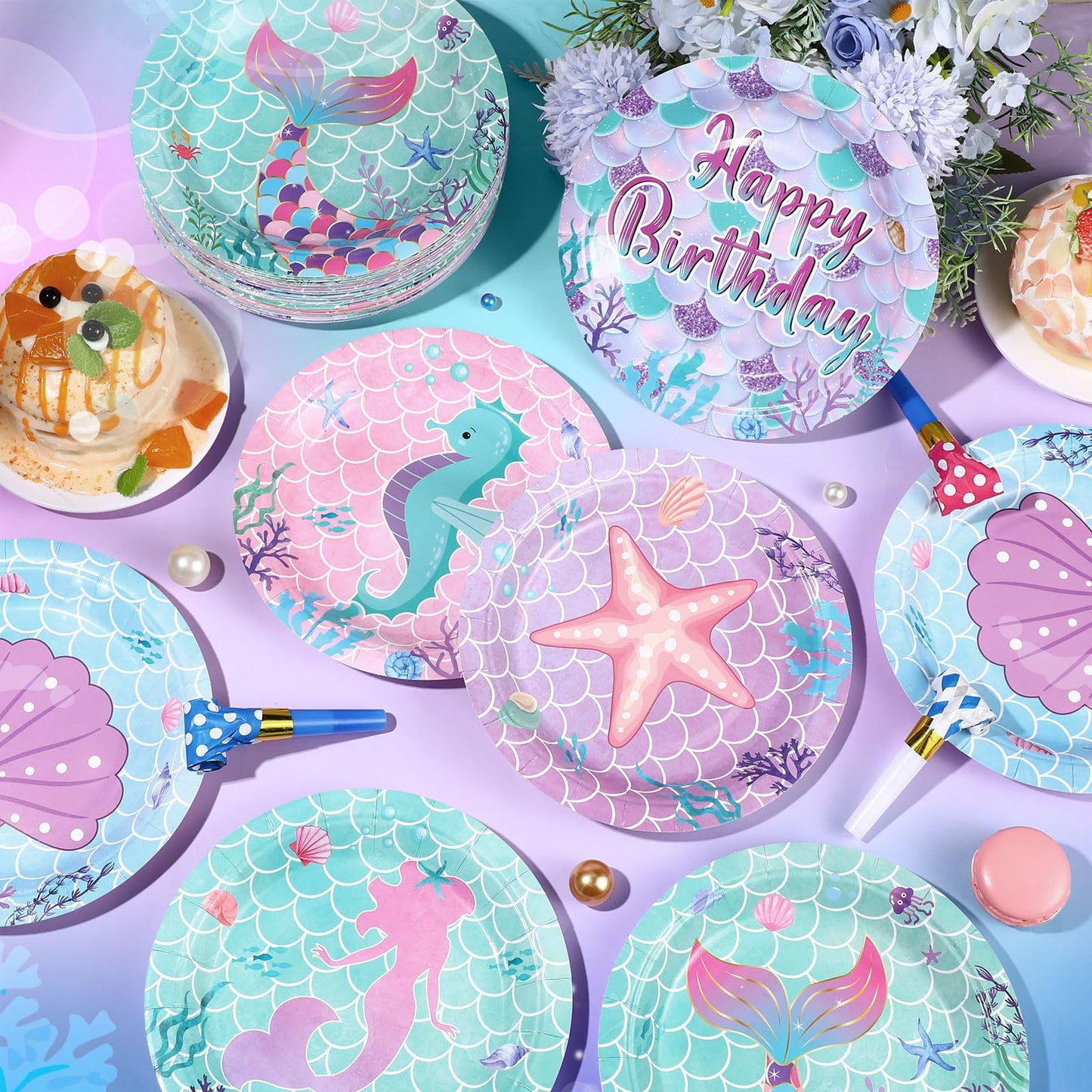 Funnymoom 60 Pcs Mermaid Birthday Party Decor 7 Inch Mermaids Dessert Paper Plates Under the Sea Disposable Dinner Cake Plates Princess Shell Dinnerware for Ocean Baby Shower Party Supplies