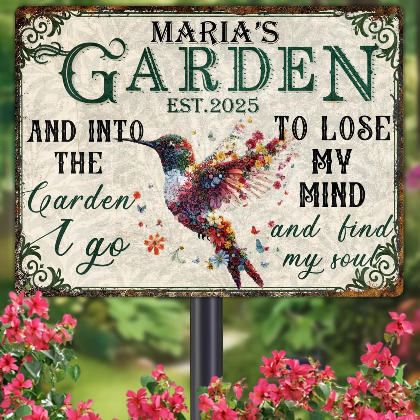 Custom Garden Signs Personalized Metal Tin Sign for Women, Retro Funny Hummingbird Metal Sign for Outdoor, Patio, Yard Rustic Home Decor Gift for Mothers Day, Grandmas, and Gardening Lovers