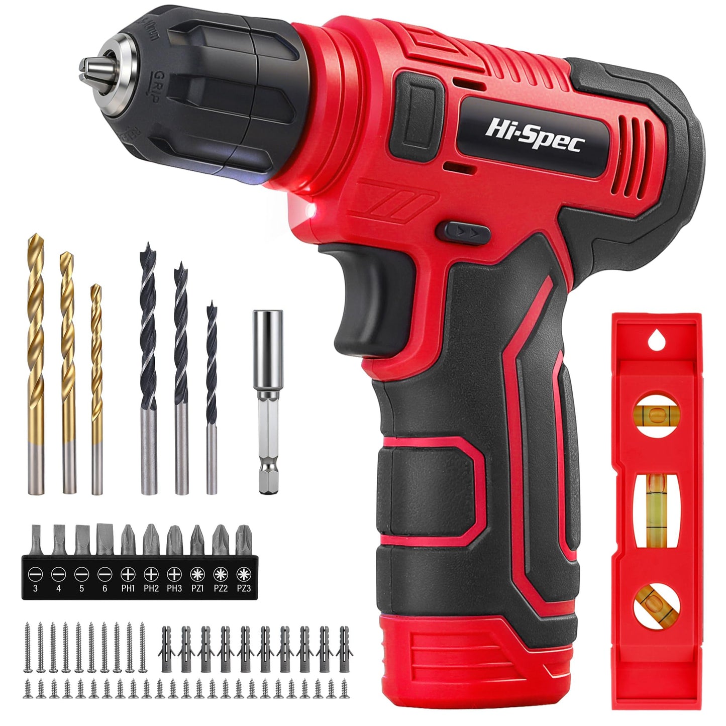 Hi-Spec 8V USB Power Drill Driver Screw Drill Bit Set. Cordless & Rechargeable Electric Drill Driver with Wall Hanging Kit,Red