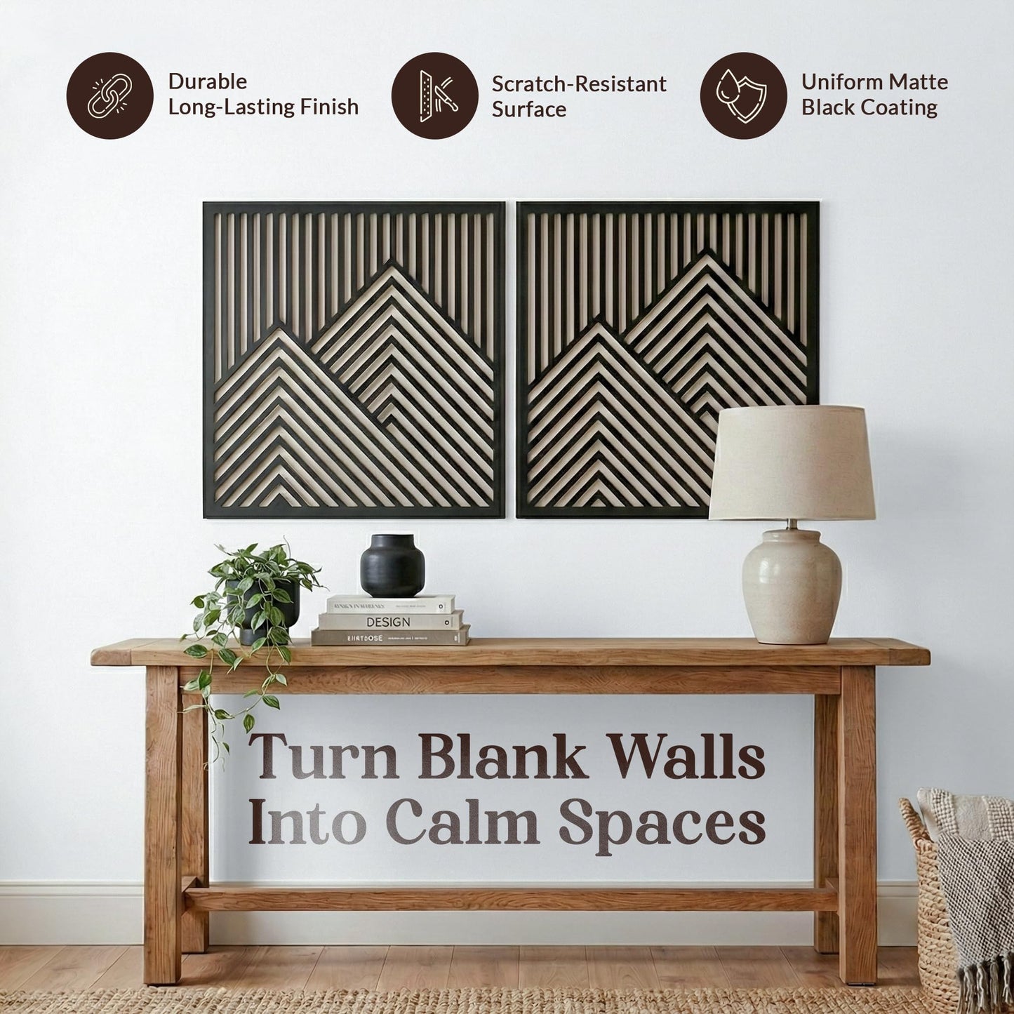 River's Edge Essentials Wood Mountain Wall Art Set of 2 – Large Wooden Wall Decor Panels, Modern Black Geometric Mountain Wall Art for Living Room or Bedroom, 21.5” x 21.5”