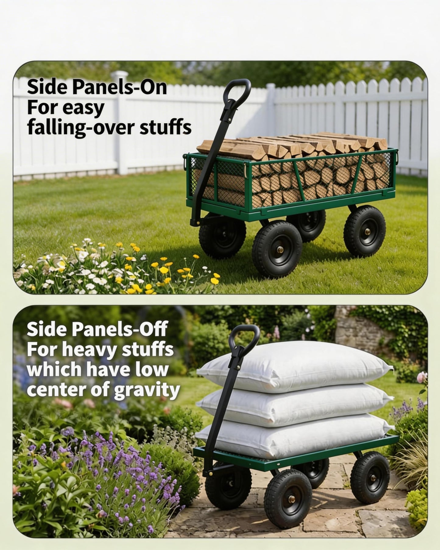 GarveeTech 800LBS Heavy Duty Steel Garden Cart, Garden Wagon Cart on Wheels, Metal Yard Utility Wagon with Removable Mesh Sides, 10" All Terrain Tires, 180° Rotating Handle for Lawn, Garden, Farm