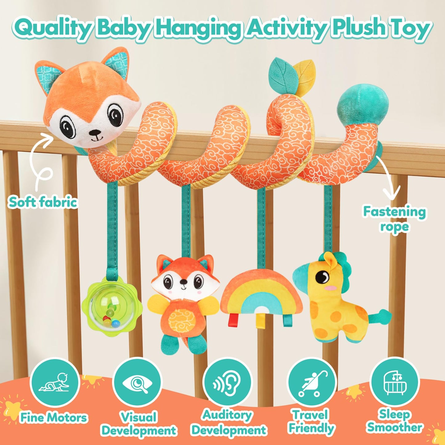 GKDOMS Baby Car Seat Toys Activity Stroller Toy for Boys Girls 0 3 6 9 10 12 Months, Spiral Hanging Plush Toys, Baby Shower Thank You Gifts