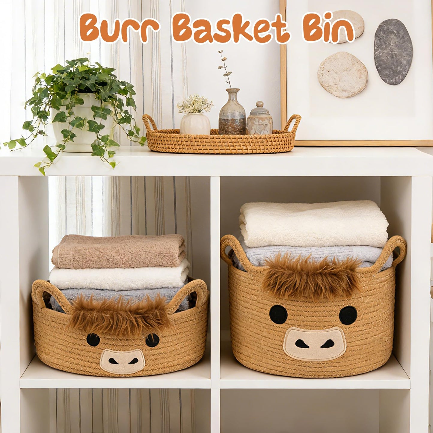 Hkojewp Oval Highland Cute Cow Basket for Nursery, Small Woven Gift Basket, Rope Cotton Storage for Gifts Empty, Baby Shower Blanket 0rganizer with Handles,Towel Decorative Bins, 12"D x 5"H in