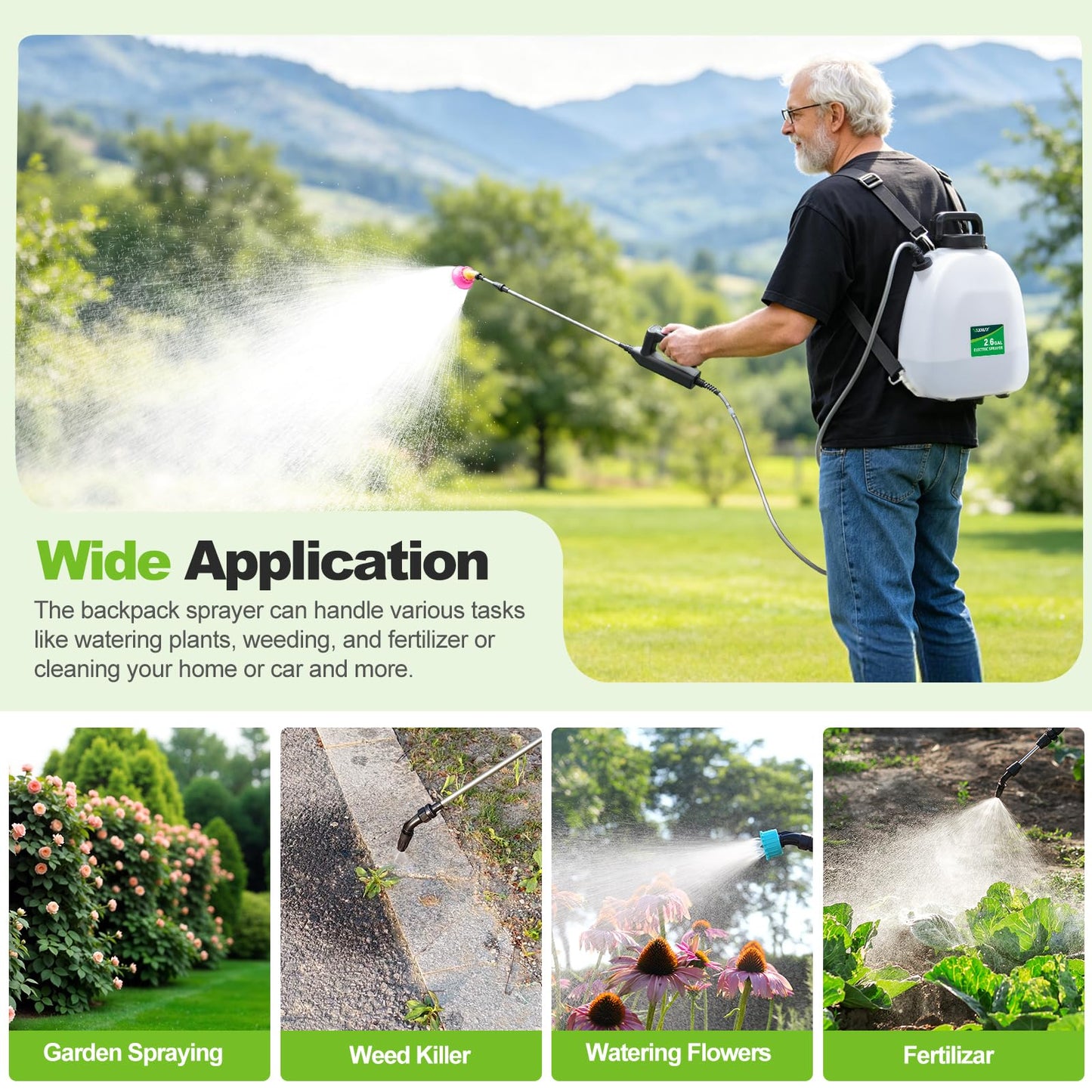 VAXMAY Battery Powered Sprayer 2.6 Gallon, Backpack Sprayer with 3 Adjustable Forces, Battery Indicator, 5 Mist Nozzles, 41" Retractable Wand, USB Rechargeable Garden Sprayer for Weed Lawn Yard