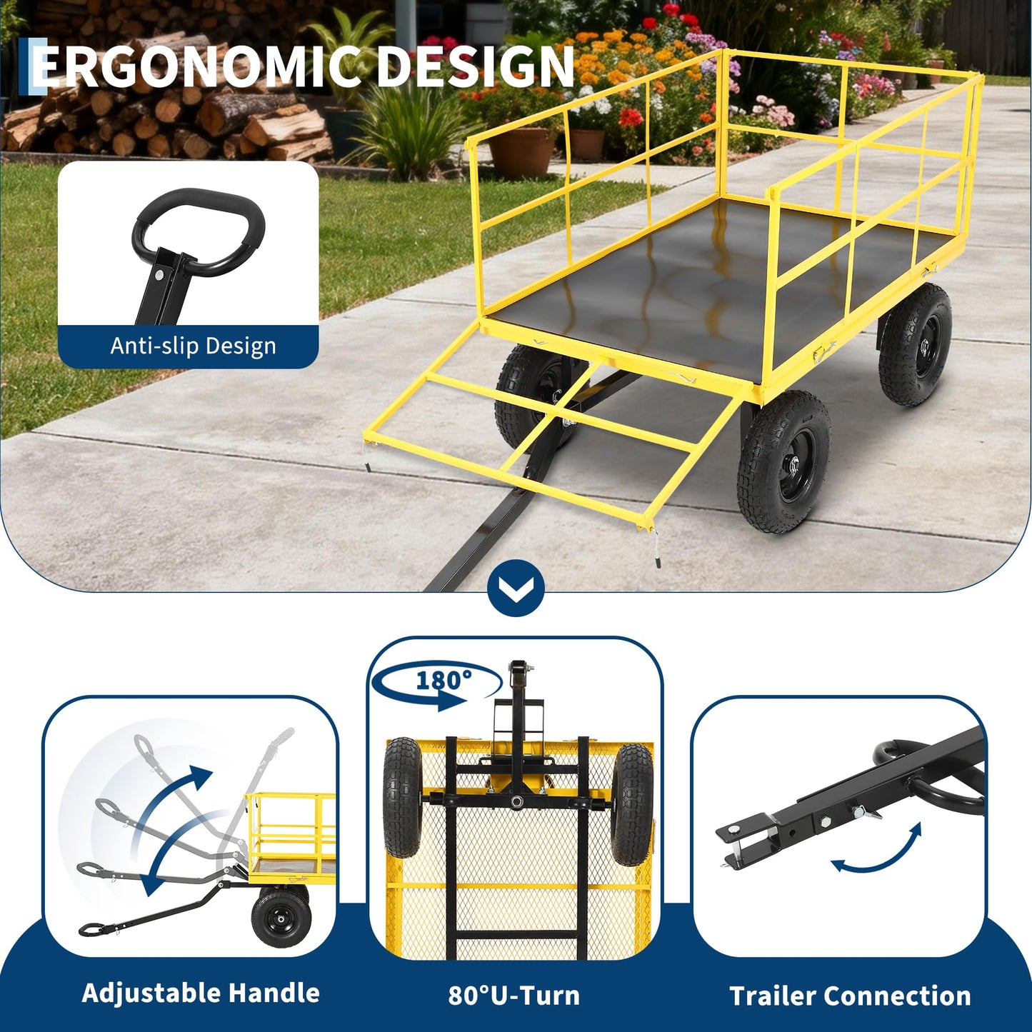 Garvee 1500 LB Garden Wagon Cart with 13 in All Terrain Tires, 3-in-1 Yard Wagon Cart with Removable Side Panels, Heavy Duty Outdoor Metal Utility Wagon Yard Trailer for Outdoor Lawn, Yard, Backyard