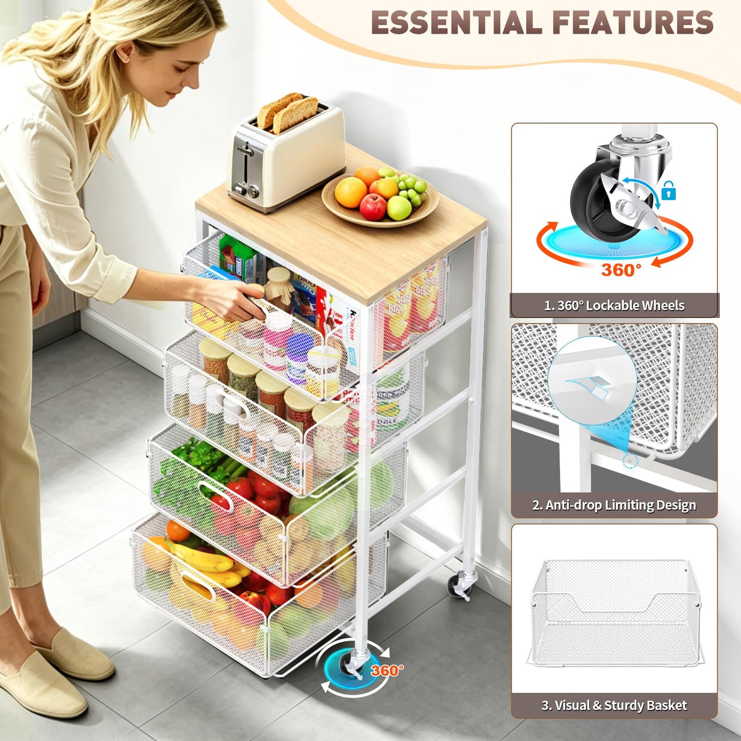SUNALLY Rolling Kitchen Cart with Drawers, 4-Tier Utility Cart Fruit Vegetable Storage Cart with Lockable Wheels, Wooden Top Metal Kitchen Storage Organizer for Cans, Snacks, Beauty, Craft, Art, White