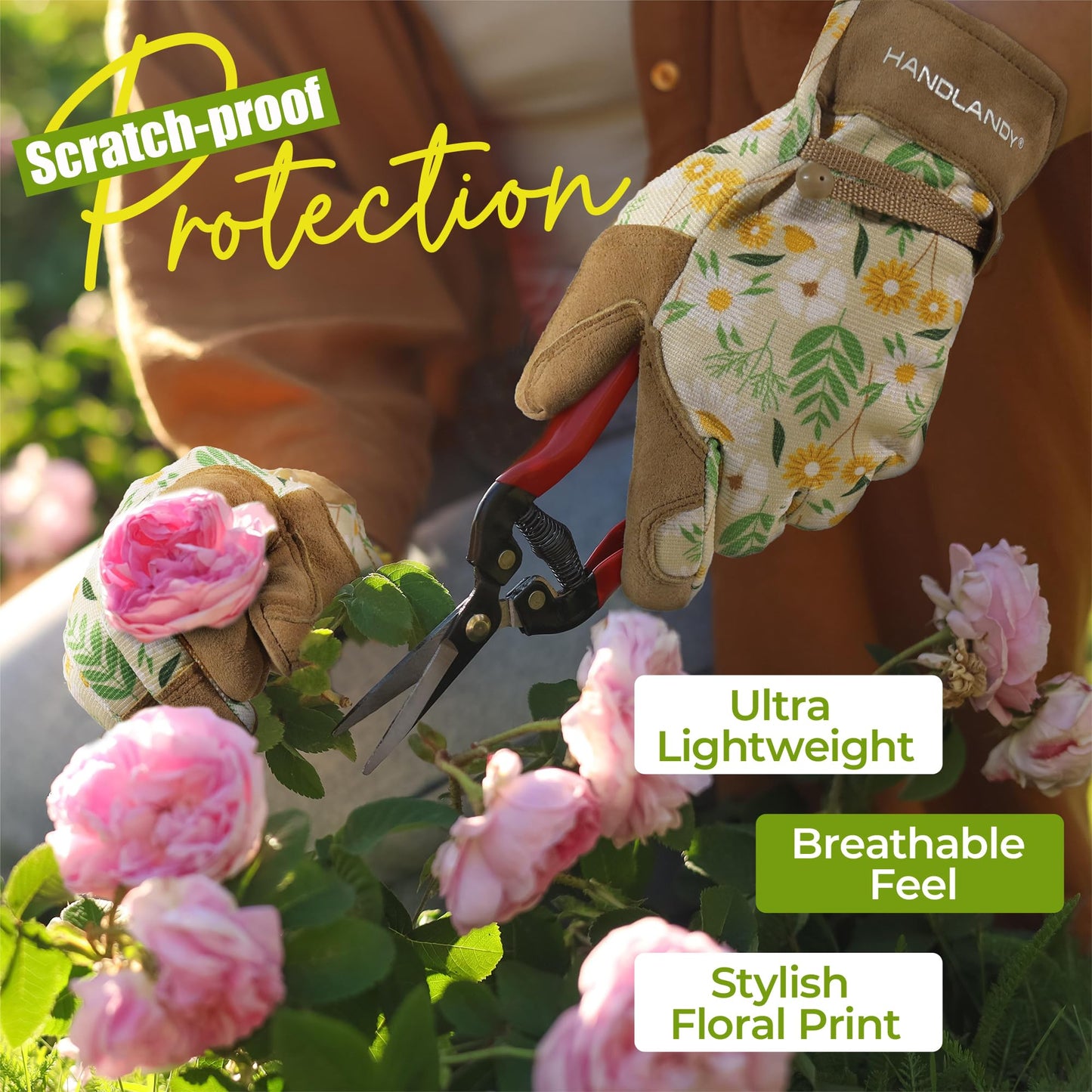 HANDLANDY Gardening Gloves for Women, Breathable Ladies Leather Garden Yard Gloves Best Gardeners Gift (Khaki, M)