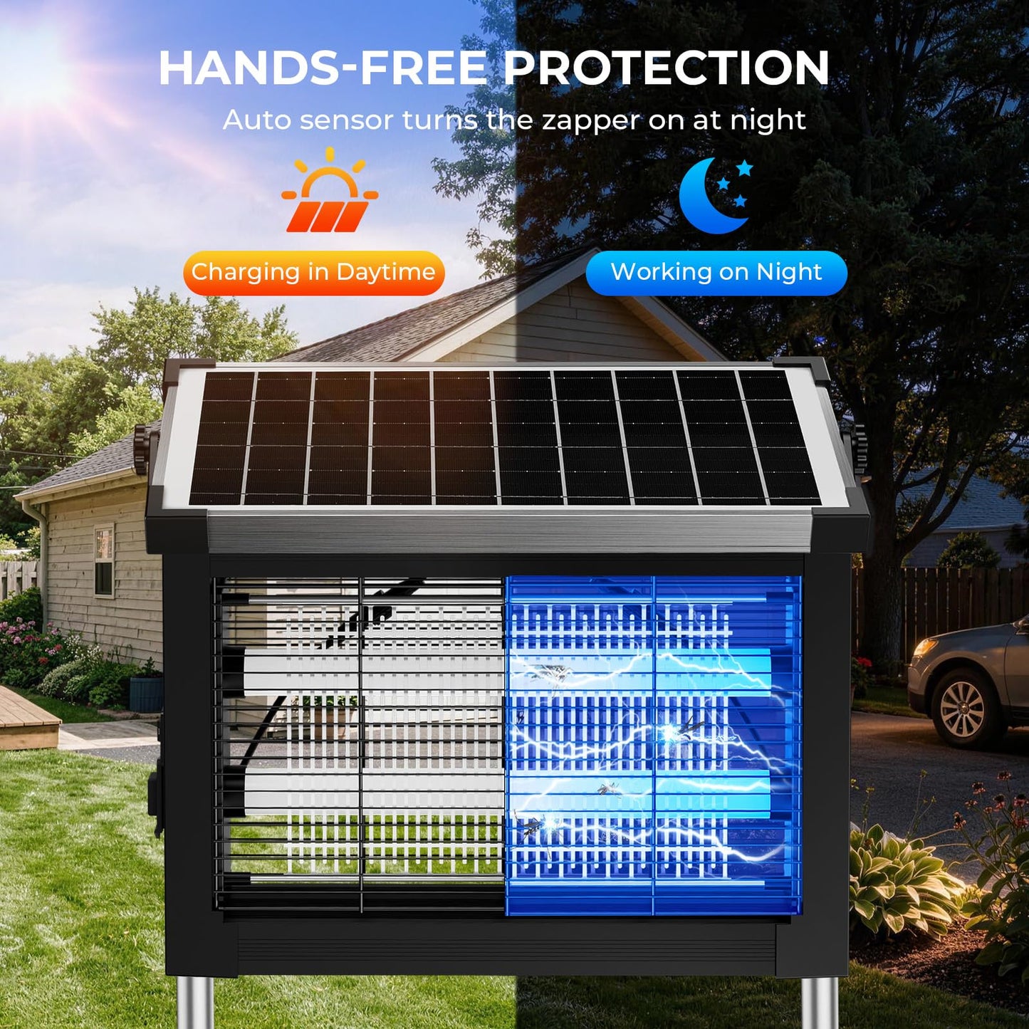 Solar Bug Zapper Outdoor, 4500V Waterproof Mosquito Zapper with 10W Solar Panel, Cordless Rechargeable Electric Fly Zapper, Mosquito Killer Lamp with Auto Sensor for Patio, Backyard, Garden, Camping