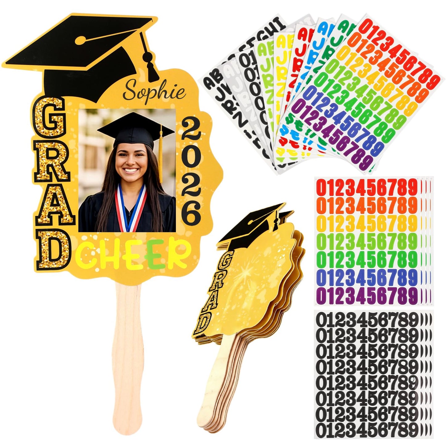 Lemosae 12 Pcs Graduation DIY Paper Fans Handheld Set Grad Face Fans with Number Alphabet Stickers Class of 2026 Grad Photo Props for Graduates Gifts Graduation Party Souvenirs Supplies
