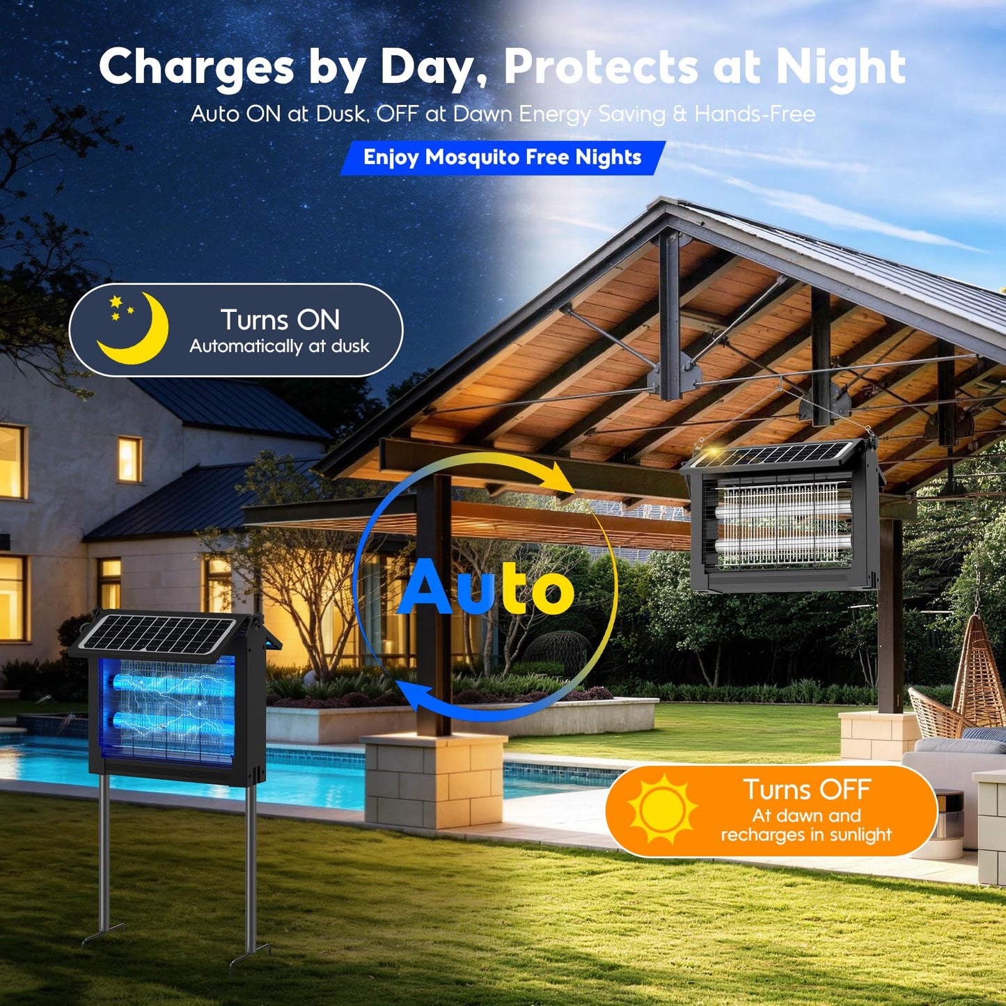 Solar Bug Zapper Outdoor, 4500V Electric Mosquito Zapper with Dual Solar Panels & USB Charging, Auto On/Off Mosquito Killer, IPX5 Waterproof Fly Trap for Backyard Patio Garden Camping, 2100 Sq Ft