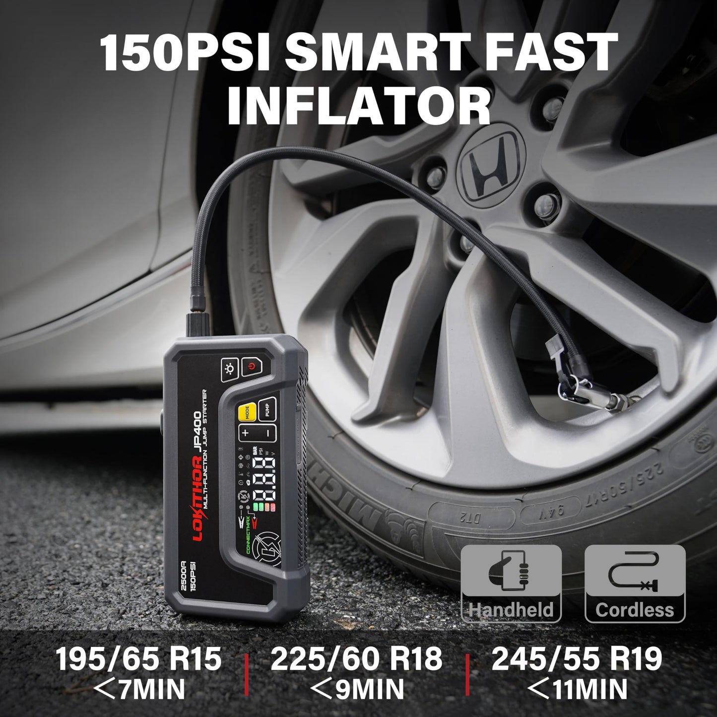 LOKITHOR JP400 Jump Starter with Air Compressor, 2500A 12V Car Battery Jumper Starter Portable (8.5L Gas/6.5L Diesel) Jump Box for Car Battery with ConnectMax, 150PSI Tire Inflator, Jumper Cables