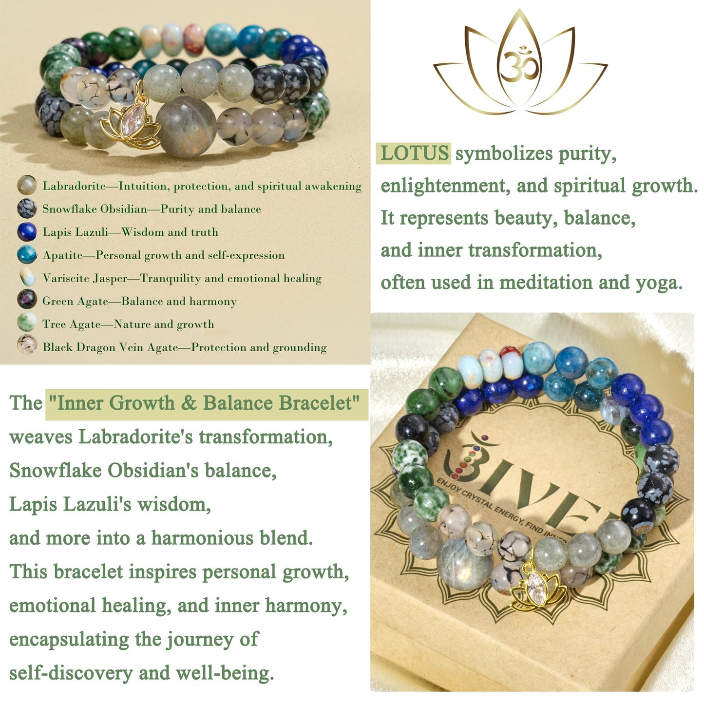 Bivei Beaded Bracelets for Women with Lotus Charm Healing Gemstone Crystal 7 Chakra Bracelet Natural Stretch Bracelets Set for Women Yoga Meditation Anxiety Stress Relief Jewelry(Green)