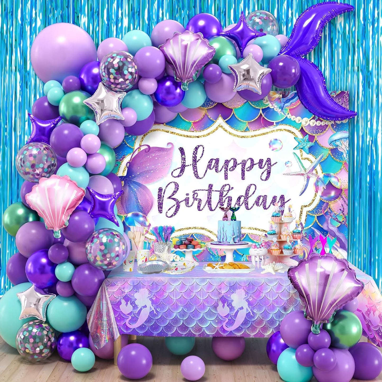 SNLN 139Pcs Mermaid Birthday Party Decorations Supplies for Girl Kid, Mermaid Balloon Arch & Backdrop Tablecloth Fringe Curtain Tail Shell Star Foil Balloon, Princess Themed Mermaids Party Decoration
