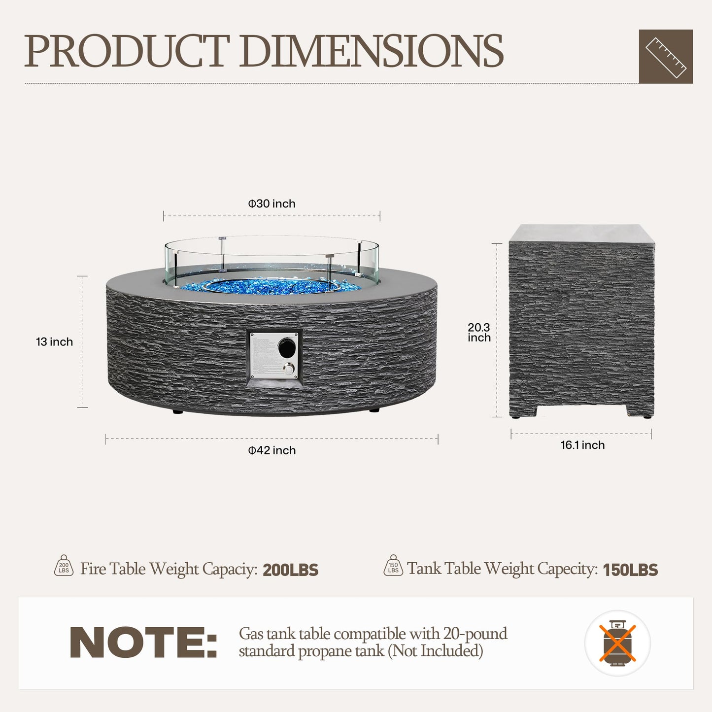 UPHA 42-inch Outdoor Propane Gas Fire Pit Table 50000 BTU Concrete Round FirePit for Outside Patio with Propane Tank Cover, Wind Guard, Blue Glass Rocks, Rain Cover, Grey