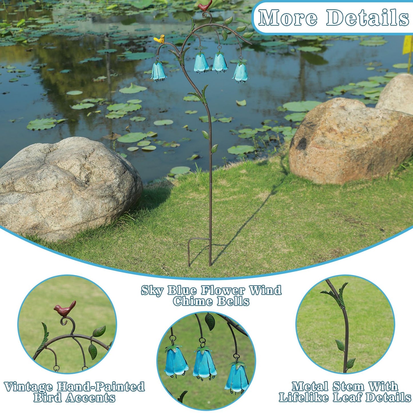 HOUYANG 44.3" H Metal Decorative Garden Stake with Blue Bell Flowers & Birds - Metal Yard Art for Outdoor Yard Decor, Rustic Metal Flowers Garden Decor for Patio, Lawn, Pathway