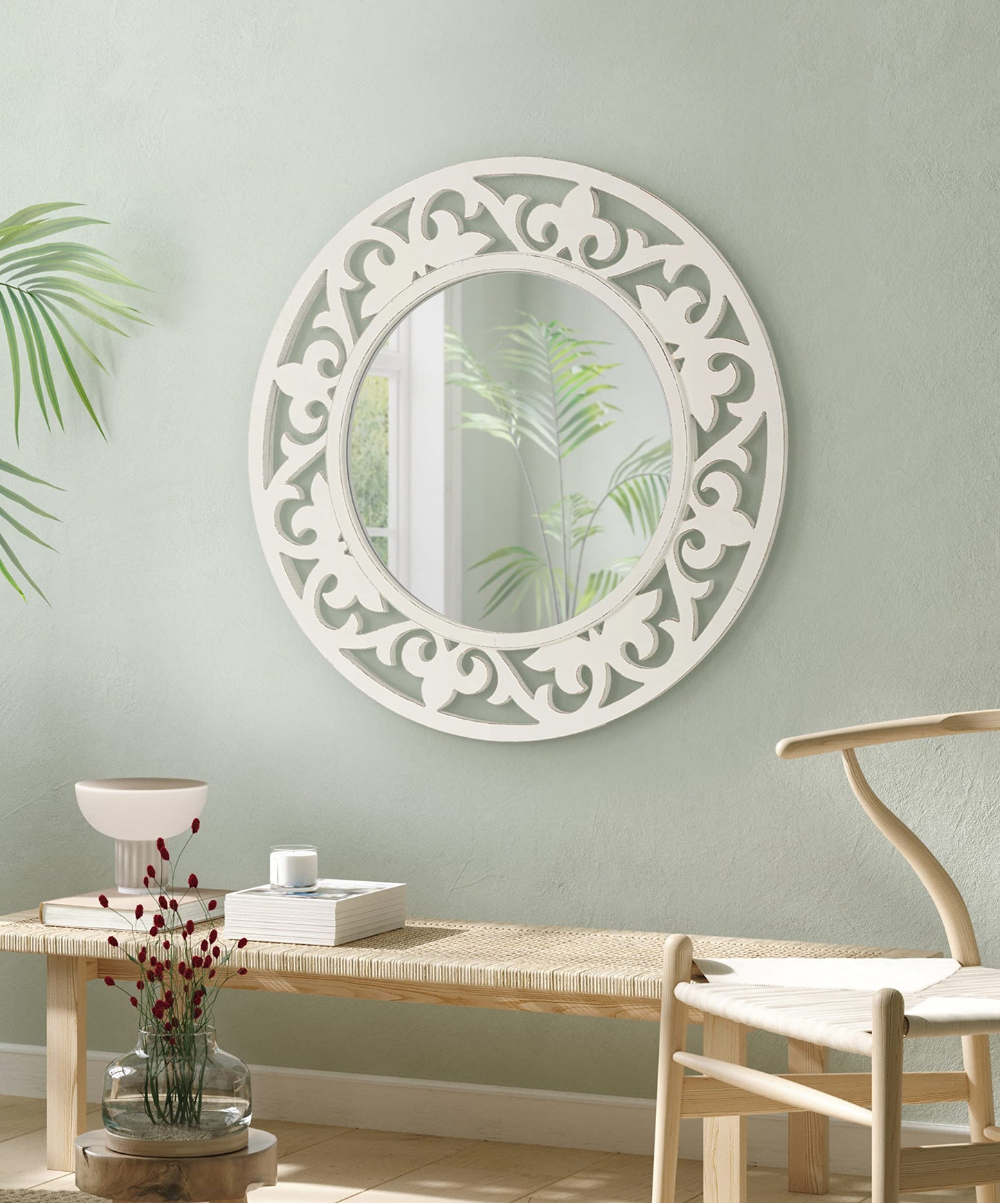 Kate and Laurel Shovali Coastal Round Mirror; 32 Inch Diameter; White; Decadent Wall Decor with Ornate Wood-Carved Frame