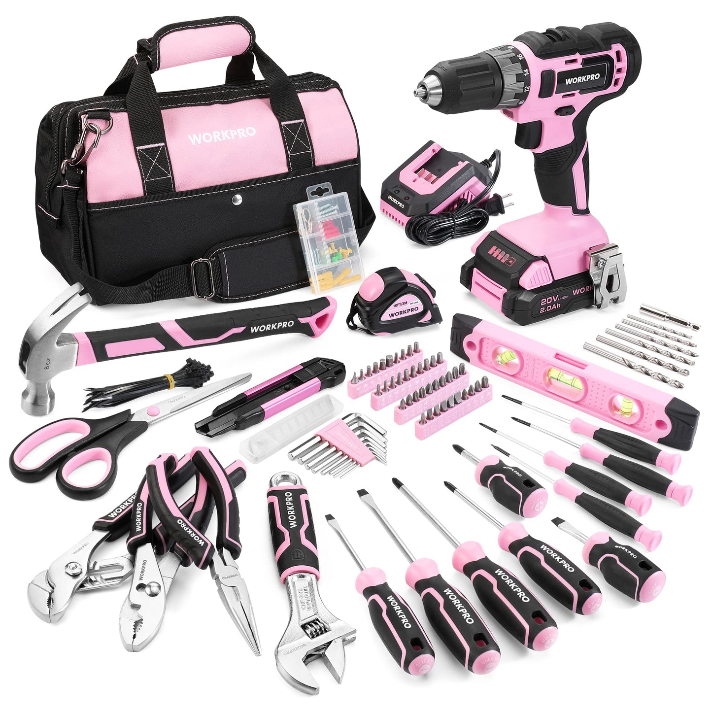 WORKPRO Pink Tool Kit with Drill, Tool Set with 20V Cordless Lithium-ion Drill Driver, Pink Drill Set for Women, 157PCS Home Tool Kit, Lady's Repairing Kit with 14-Inch Storage Bag - Pink Ribbon
