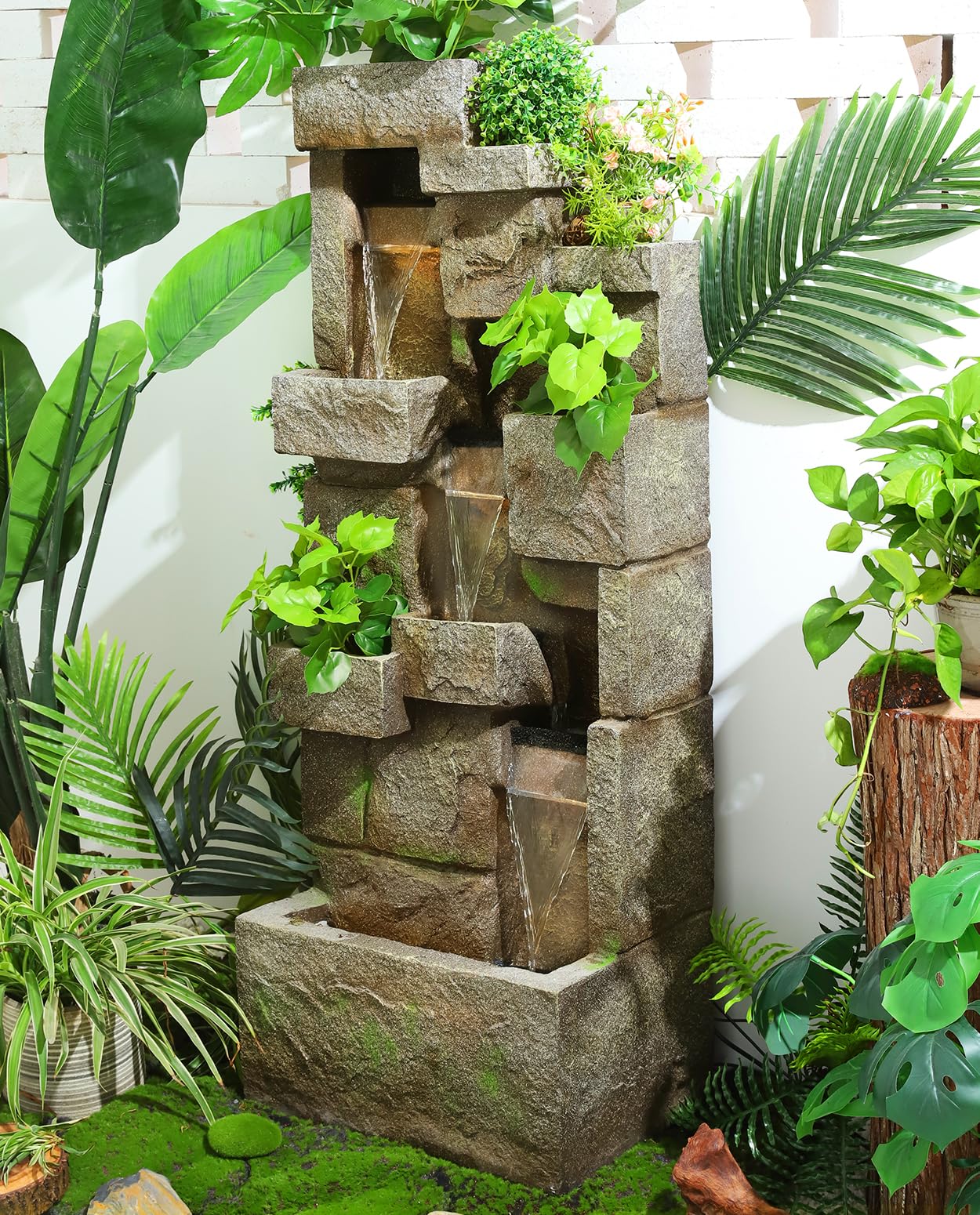 LOTCAIN 48.6" Water Fountain Outdoor Floor-Standing Garden Fountains with LED Lights 3 Tier Modern Waterfall Fountain Decor Rock Fountain for Patio Garden Yard Backyard Porch Home Art Decor, Yellow