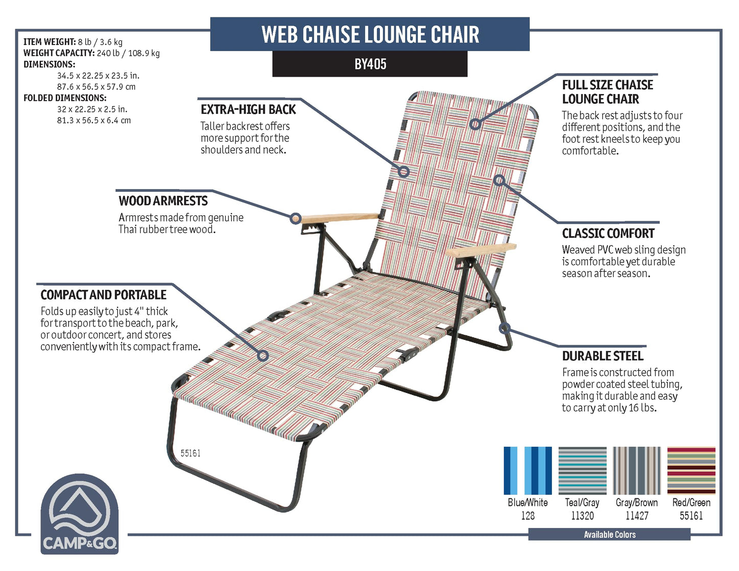 Camp & GO 4-Position Folding Web Lawn Chair Outdoor Lounger, Blue/White undefined/White