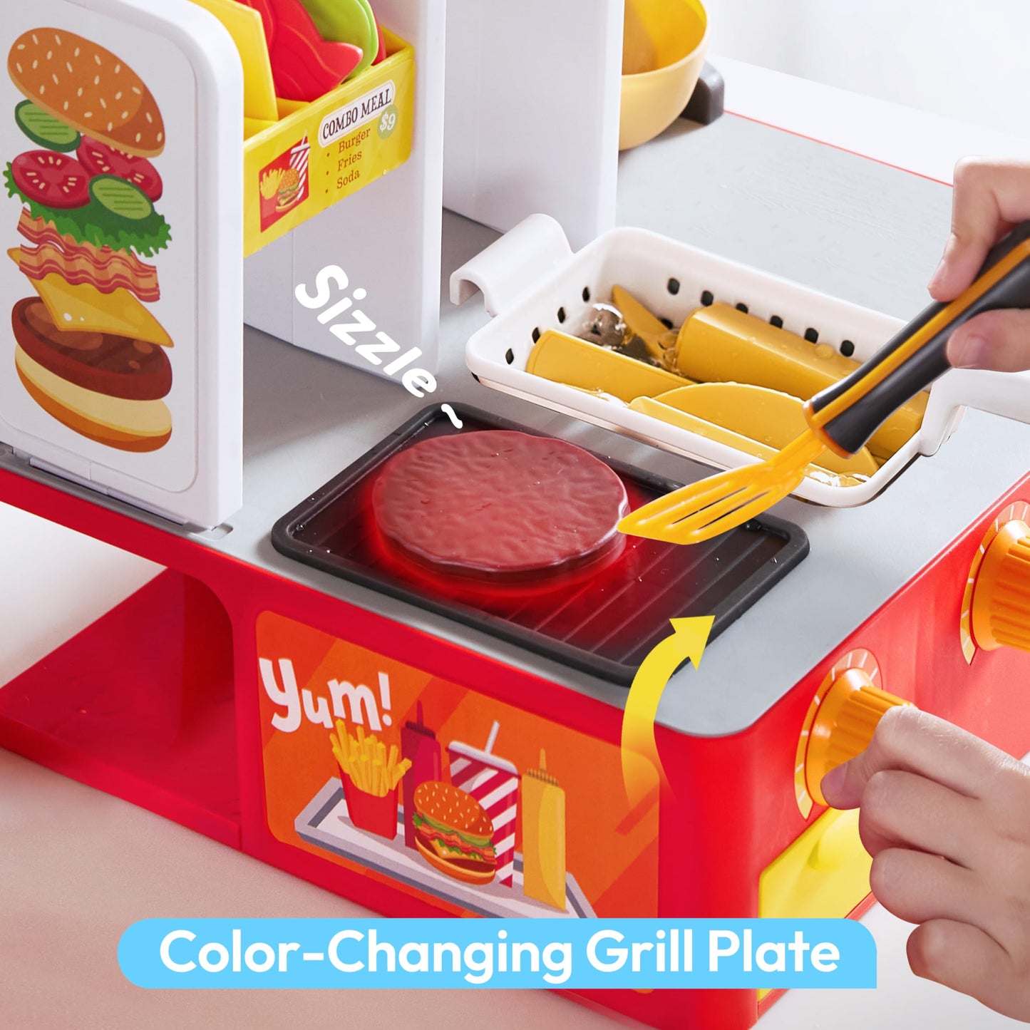 lalalark Restaurant Play Food Set Toy, 40+ PCS Fast Food Playset with Potato Cutter, Simulated Frying Effect & Lights, Order, Card & Drink Station, Interactive Role Play Toy Birthday Gift