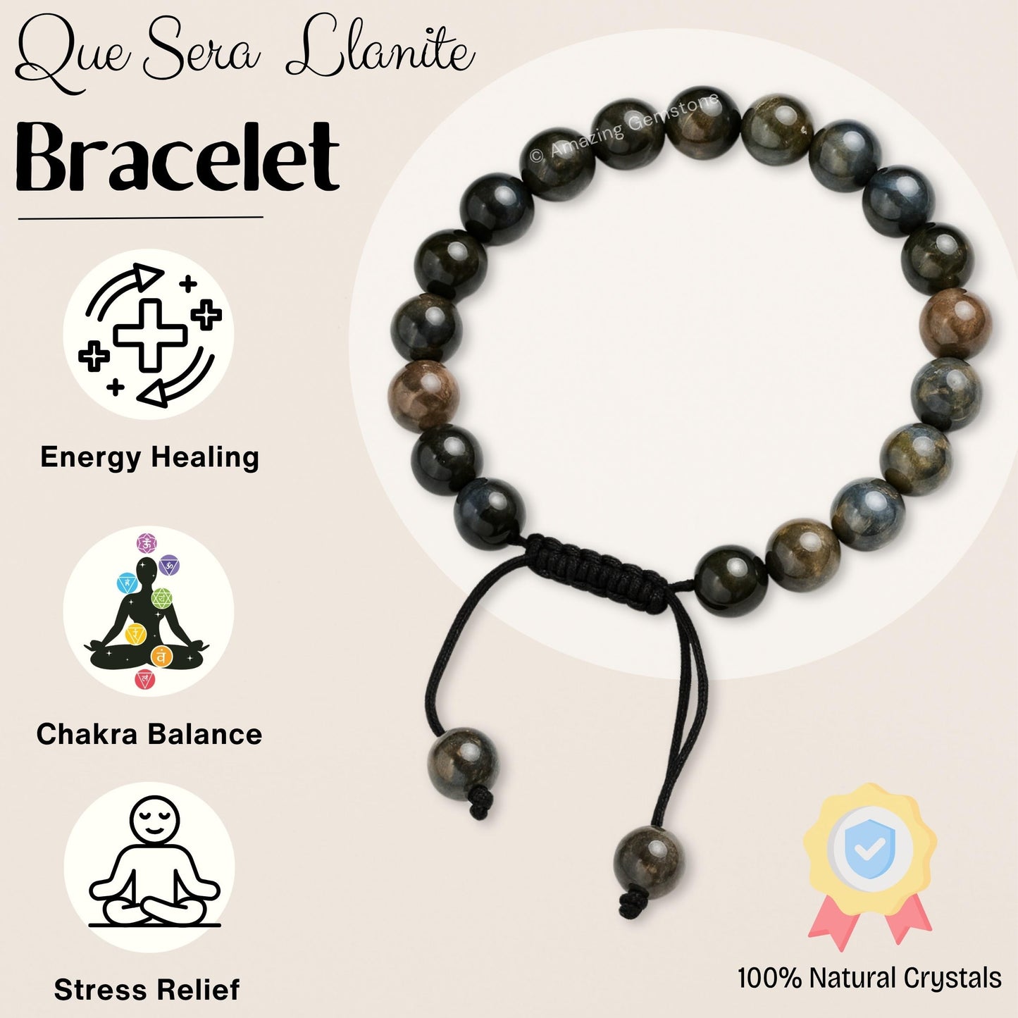 Amazing Gemstone Que Sera Stone Llanite Bracelet, Gifts For Men & Women - Protection Healing Crystal Bracelet - 8mm Gemstone Beaded Adjustable Bracelet, Pulseras Para Hombres Mujer Stocking Stuffers