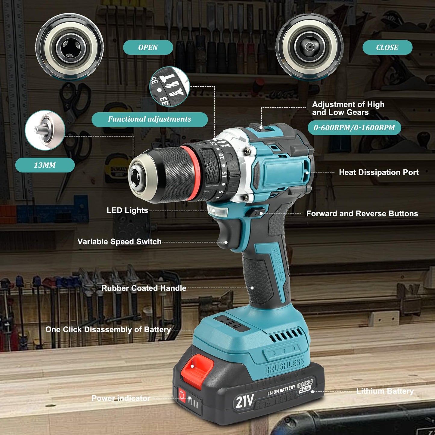 21V Max Brushless Cordless Drill Set, 1/2" Metal Chuck Impact Drill with 2x 2.0Ah Batteries & Fast Charger, 550 In-lbs Max Torque, 35+3 Torque Setting, 2-Speed Hammer Drill for Home Projects