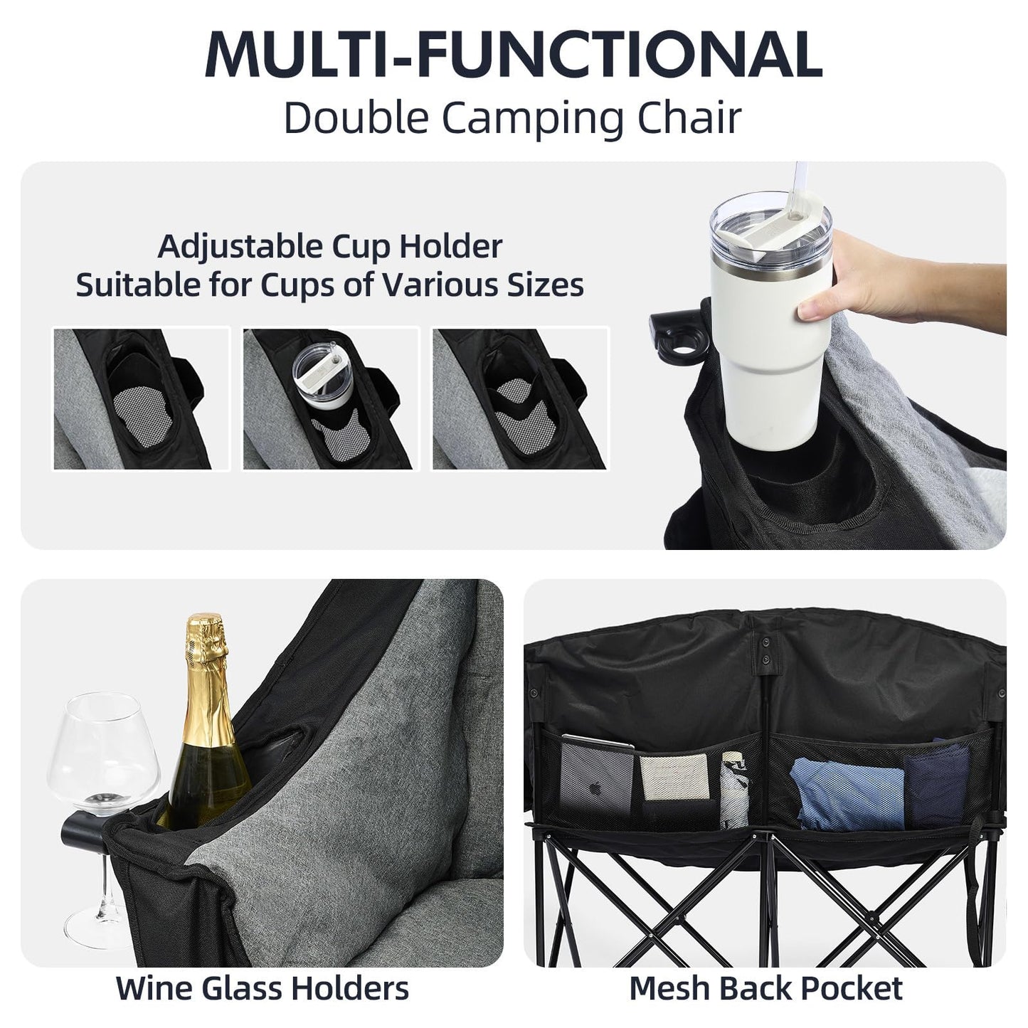 Double Camping Chair Loveseat - 2 Person Oversized Camping Couch for Adults Padded Heavy Duty Outdoor Lawn Beach Portable Folding Chairs with Cup Holders and Carry Bag Support 600lbs, Black/Grey