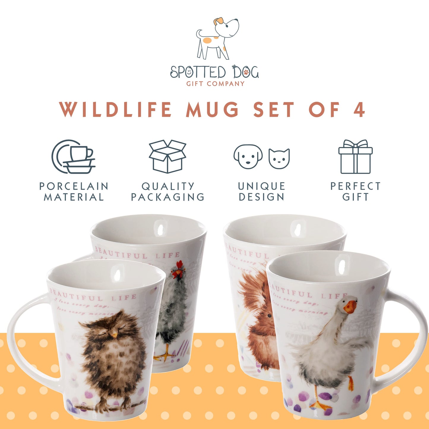 SPOTTED DOG GIFT COMPANY Animal Coffee Mugs Set of 4, 12.2 oz Ceramic Mugs & Tea Cups with Owl Squirrel Chicken Goose Designs, Microwave & Dishwasher Safe, Animal Lover Gifts for Women & Men