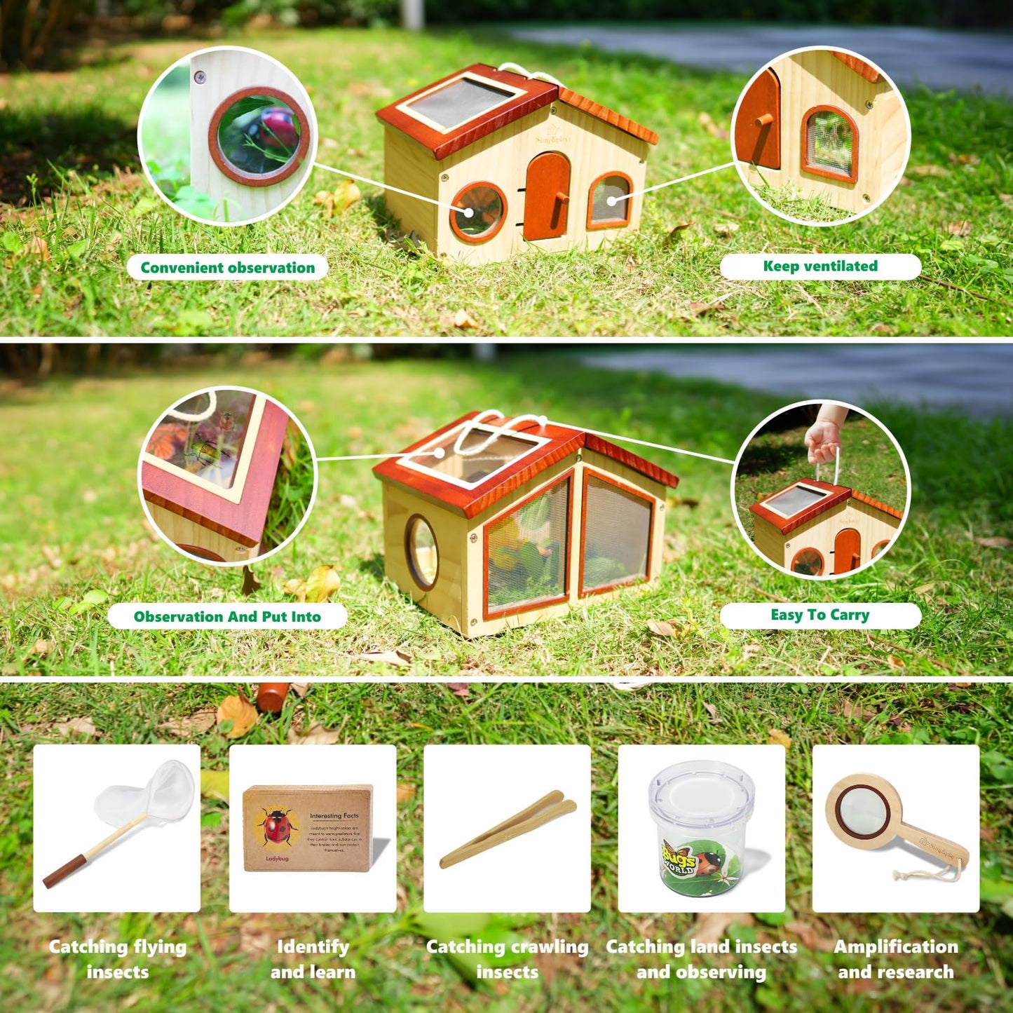 SimpliPlay Kids Explorer Kit & Bug Catcher for Kids, Outdoor Toys with Large Portable Wooden Bug Habitat, Butterfly Net, Magnifier, Observation Cup, 15 Insect Cards for Toddler 3-8 Year Old Boy Gift