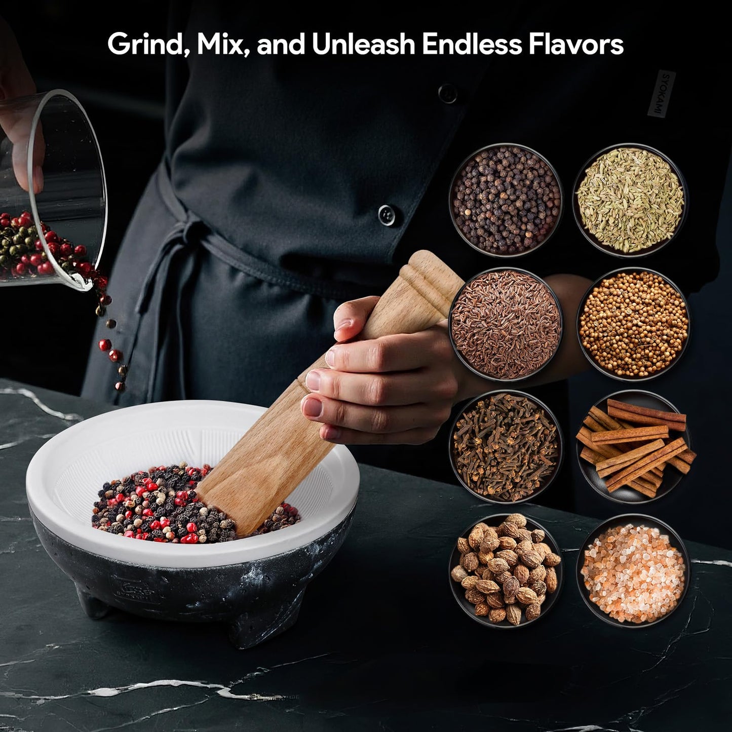 SYOKAMI No Rock Powder 2 Cup Mortar and Pestle Set with Silicone Covers, 6.5 Inch World's 1st Lightweight Molcajete Mexicano with Grinding Ridge, High Efficiency for Guacamole, Spice and Herb, Gift