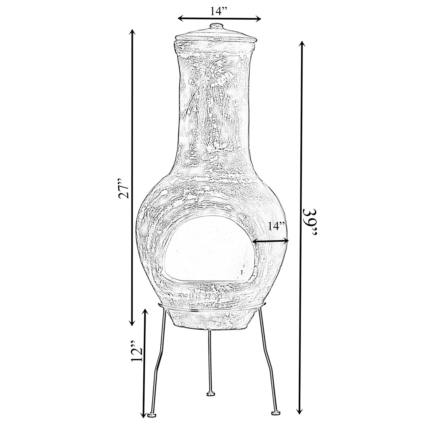 Gray Outdoor Clay Chiminea Fireplace Stoney Scribbled Design Charcoal Burning Fire Pit with Sturdy Metal Stand, Barbecue, Cocktail Party, Family Gathering, Cozy Nights Fire Pit