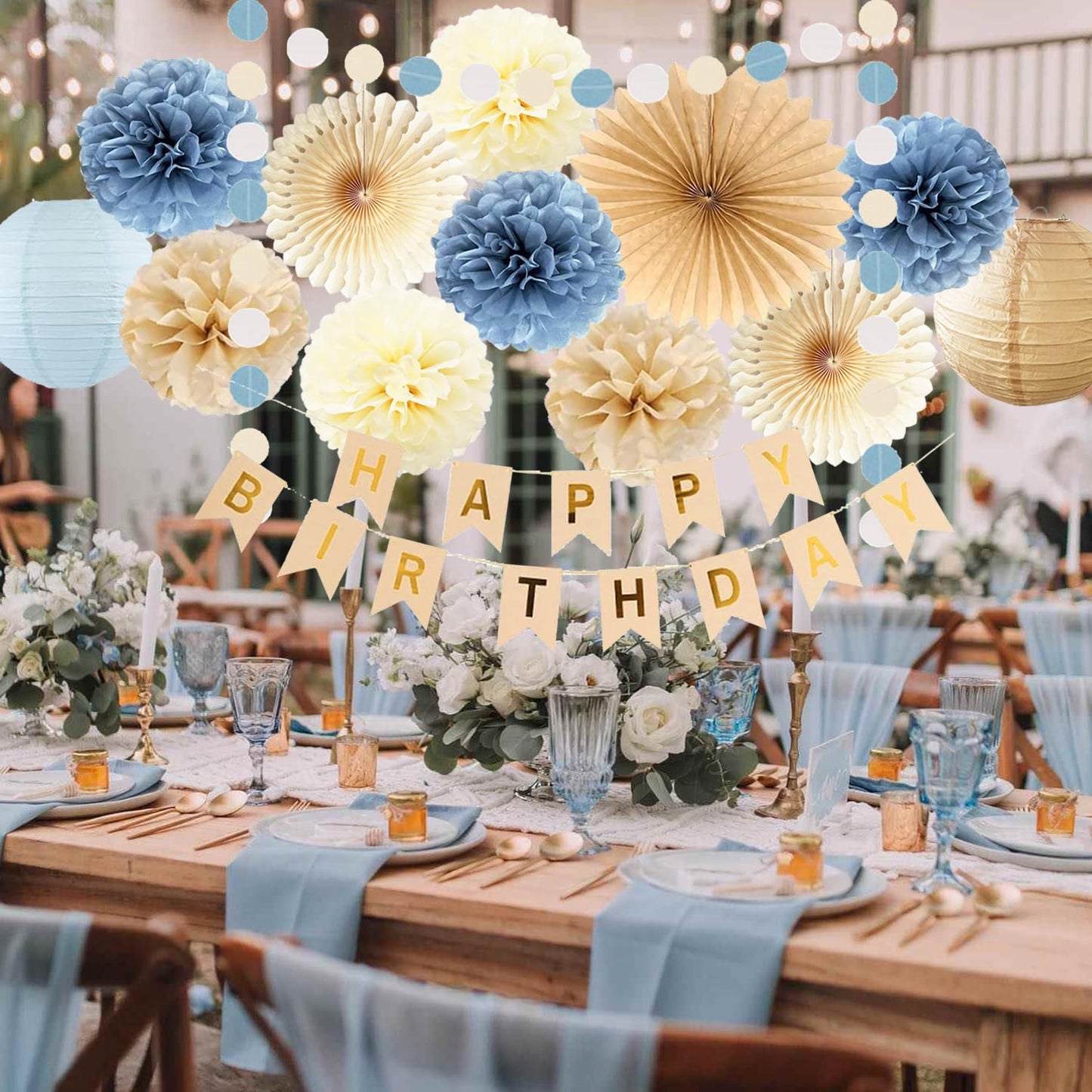 Dusty Blue Beige Champagne Birthday Decoration for Women Girl Boy Boho Neutral Happy Banner Tissue Pom Poms Paper Lanterns Fans Tassel Garlands Wedding Baby Shower Blue Birthday Party Decorations