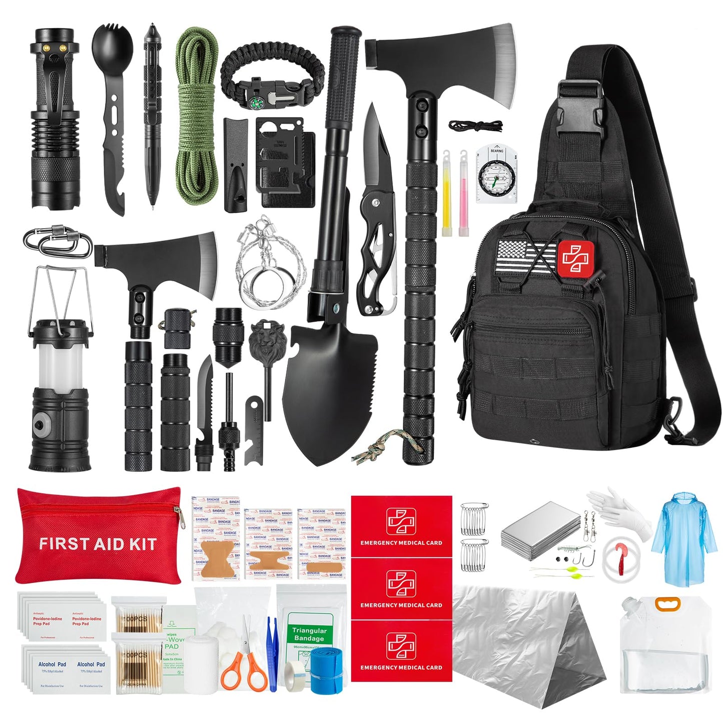 Survival Kit,360 Pcs Bug Out Bag with First Aid Kit.Camping Axe, Survival Shovel,Tools Ideal for Camping, Hiking