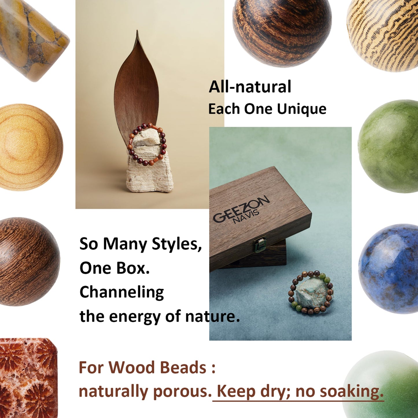 Geezon Navis Bracelet Making Kit - 10mm Natural Wooden Beads with Letters & Stone Beads - 296pcs in 16 Colors - DIY Jewelry Making Starter Kit Adult Men Women Birthday Gift Craft