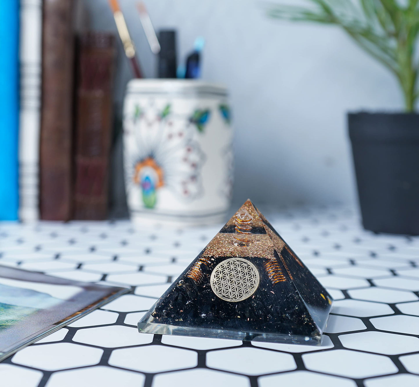 Crocon 55mm orgone Pyramid Black Tourmaline Protection Crystals Reiki Healing Stones, organite Pyramid for Good Luck Gift for Women Men Gemstone Crystal Chakra Charm orgonite Collection